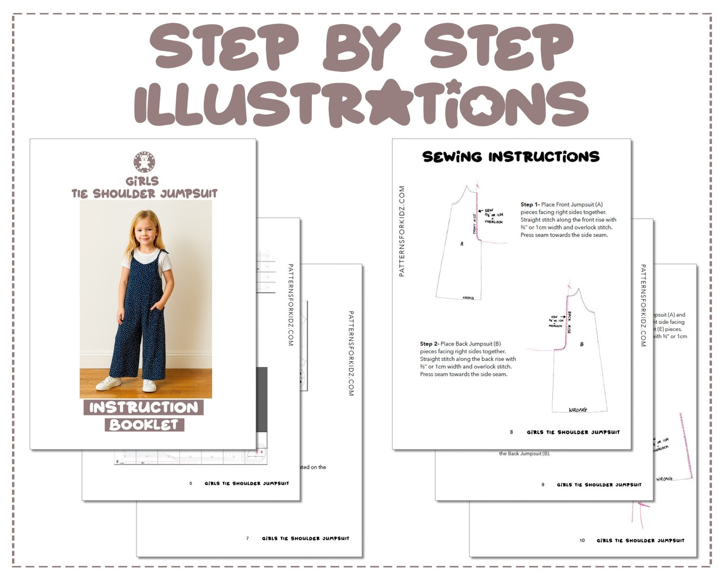 Girls Tie Shoulder Jumpsuit sewing pattern step by step illustrations.