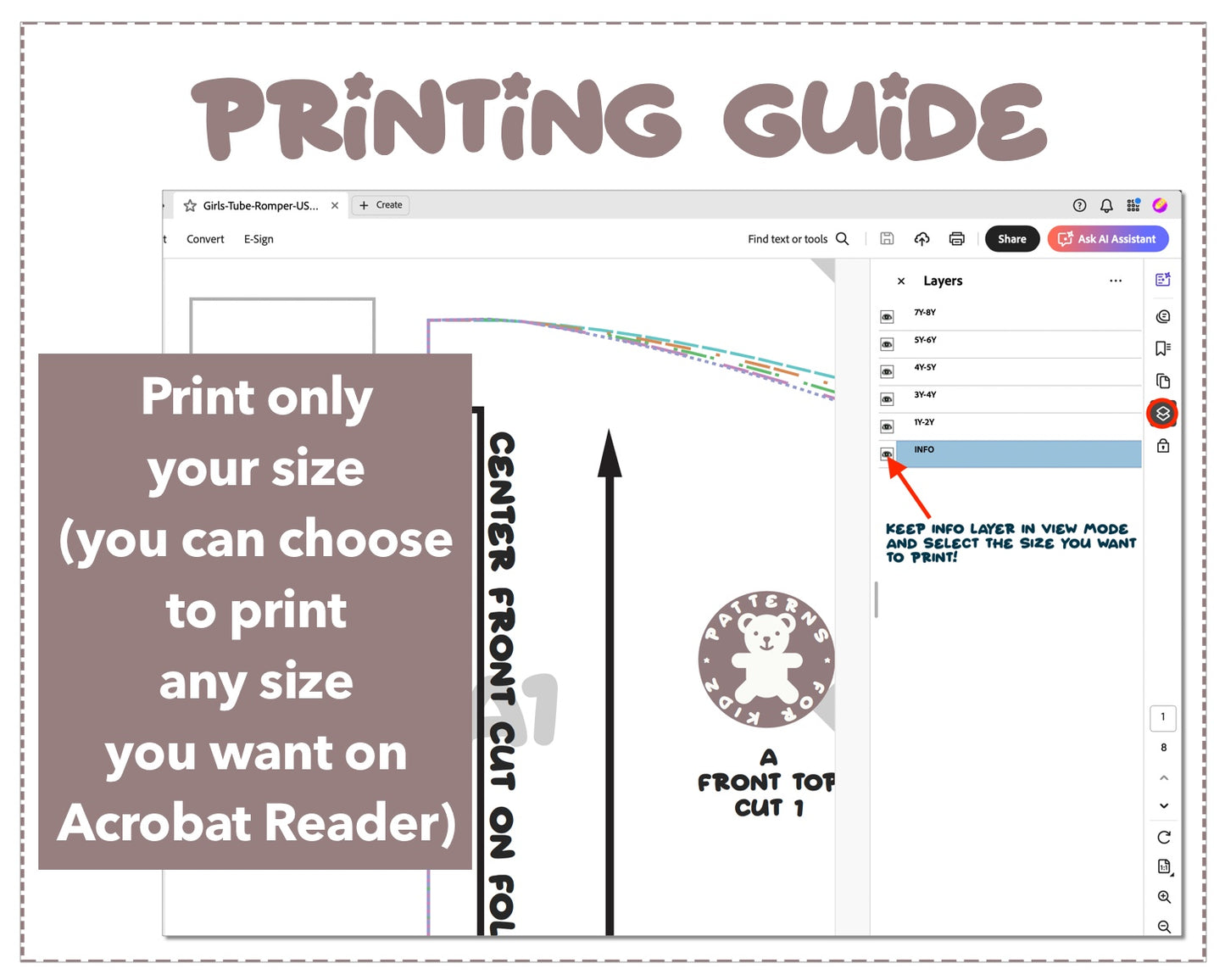 Girls Tube Romper sewing pattern printing guide.