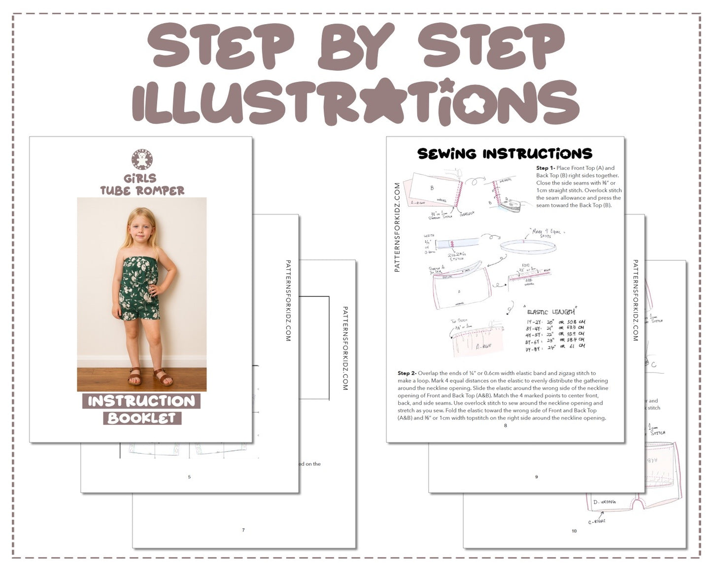 Girls Tube Romper sewing pattern step by step illustrations.