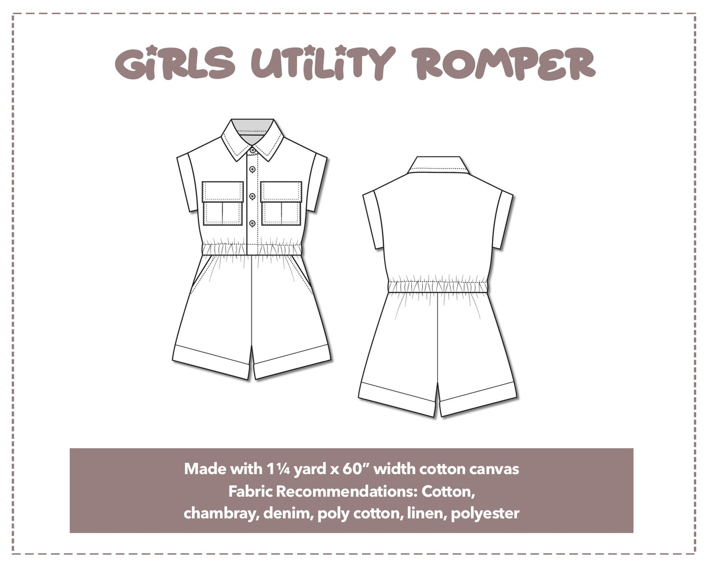 Illustration and detailed description for Girls Utility Romper sewing pattern.