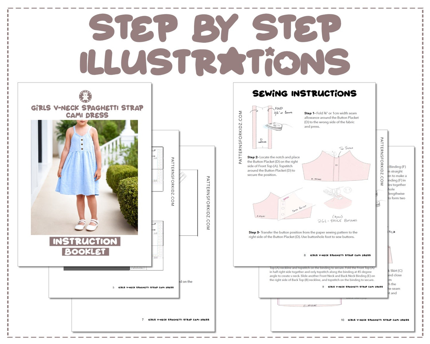 Girls V-Neck Spaghetti Strap Cami Dress sewing pattern step by step illustrations.
