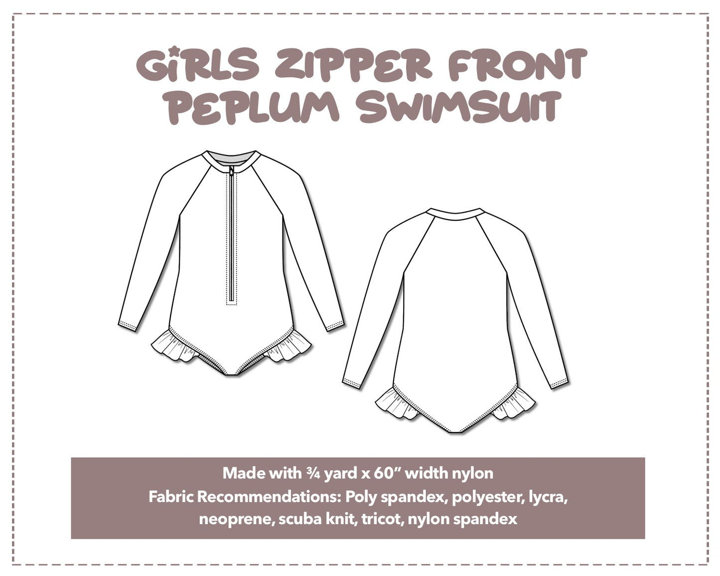 Illustration and detailed description for Girls Zipper Front Peplum Swimsuit sewing pattern.