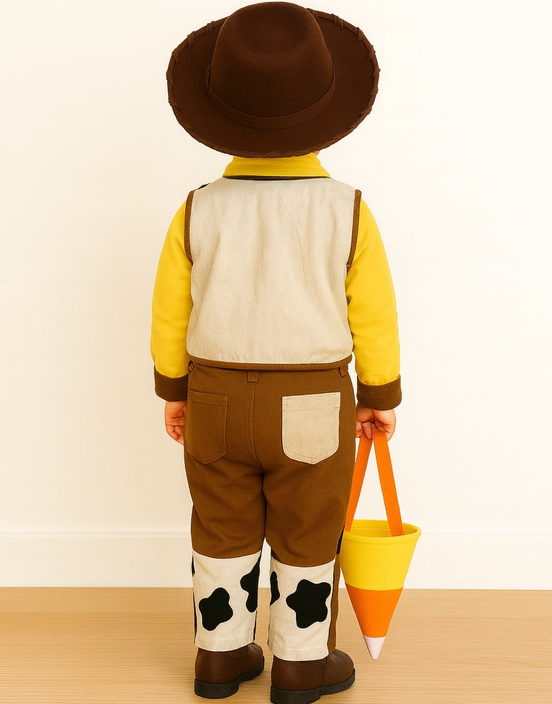 Back view of child wearing a cowboy costume with a Halloween Candy Corn Treat Bag, standing against a white wall.