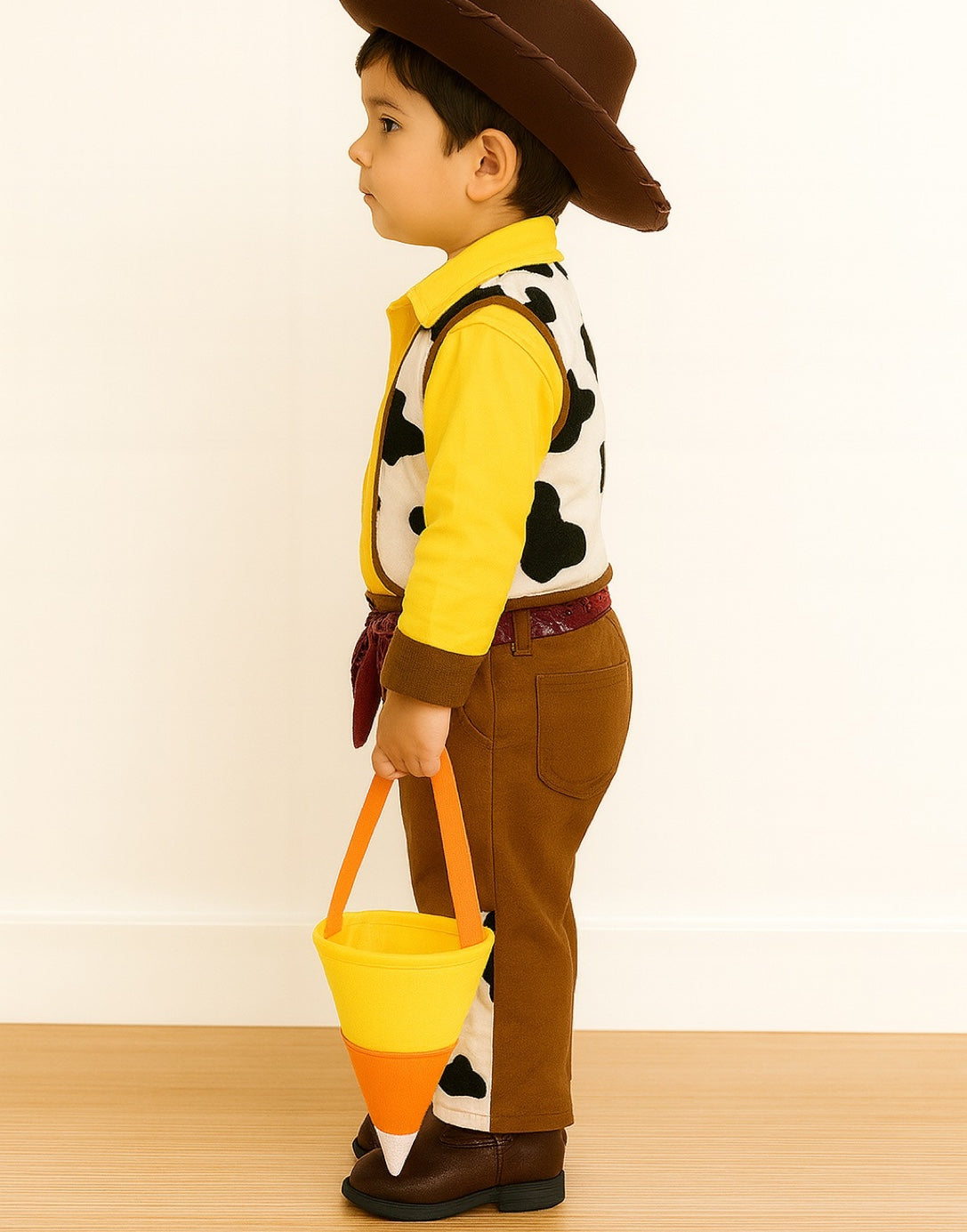 Side view of child in Woody costume from Toy Story holding a Halloween Candy Corn Treat Bag on a plain background