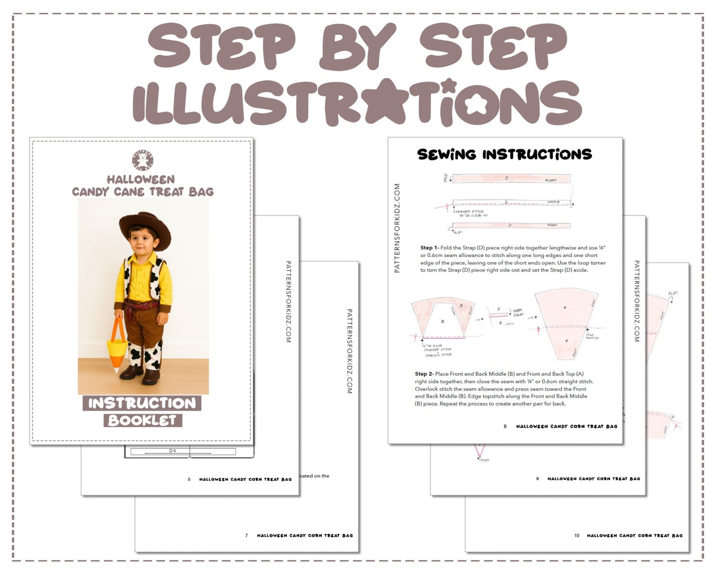 Halloween Candy Corn Treat Bag sewing pattern instruction booklet showing step by step illustrations to make the garment.