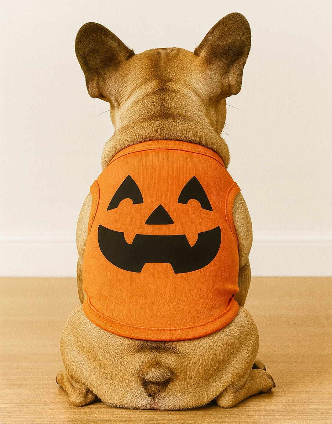 Back view of dog wearing an orange vest with a jack-o'-lantern face design on a wooden floor.