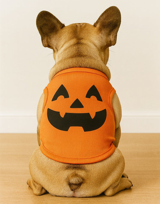 Back view of dog wearing an orange vest with a jack-o'-lantern face design on a wooden floor.