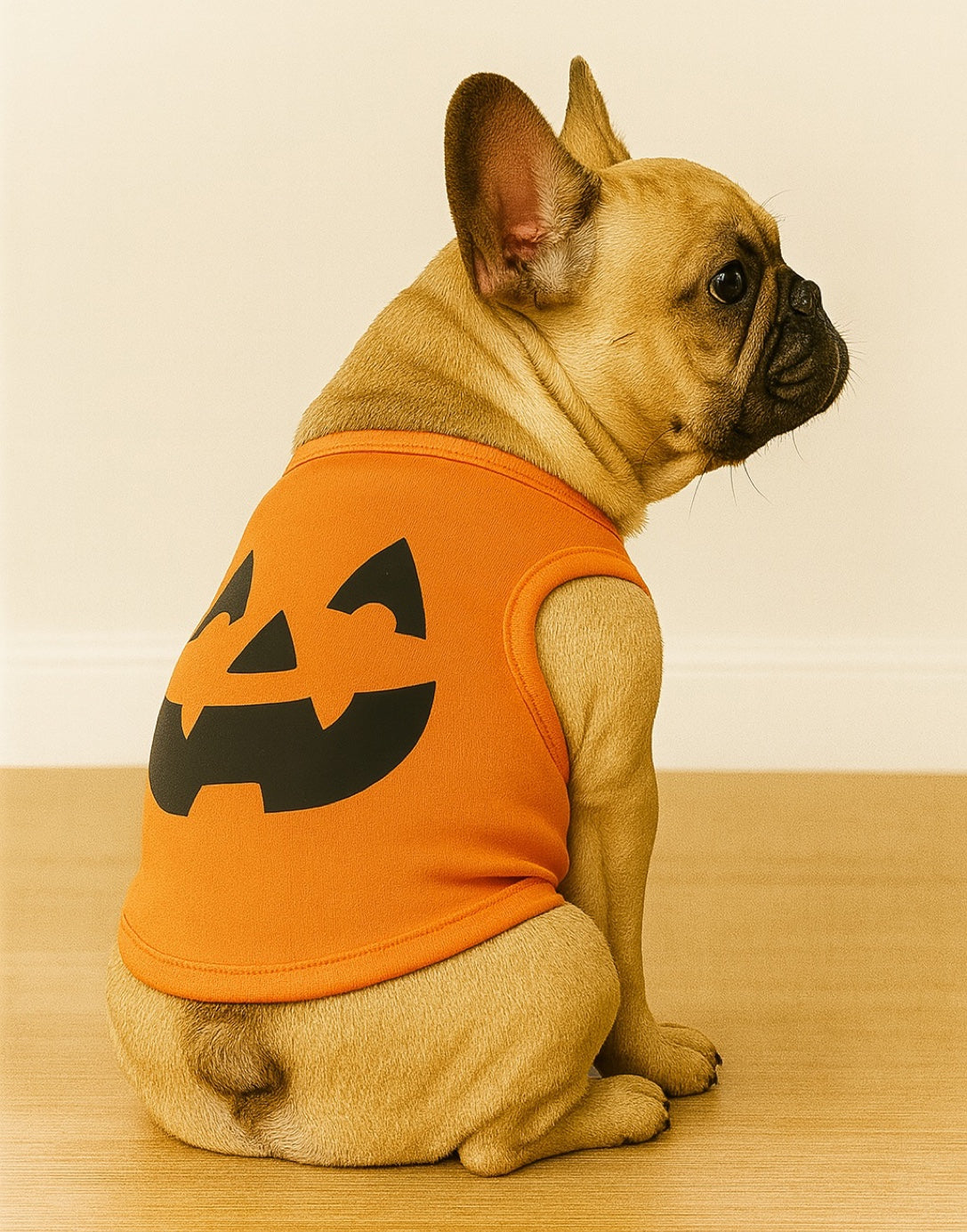 Dog wearing an orange Halloween shirt with a jack-o'-lantern design on a wooden floor.