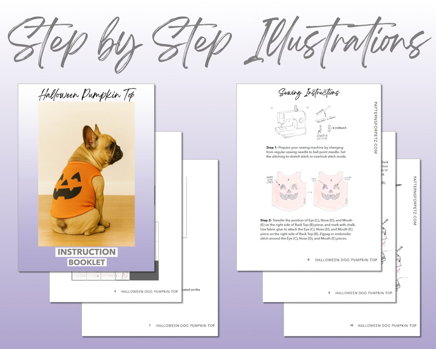 Halloween Dog Pumpkin Top sewing pattern instruction booklet showing step by step illustrations to make the garment.