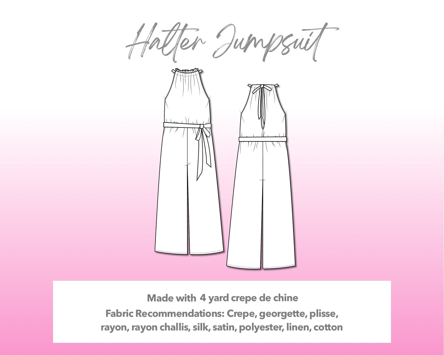 Illustration and detailed description for Halter Jumpsuit sewing pattern.