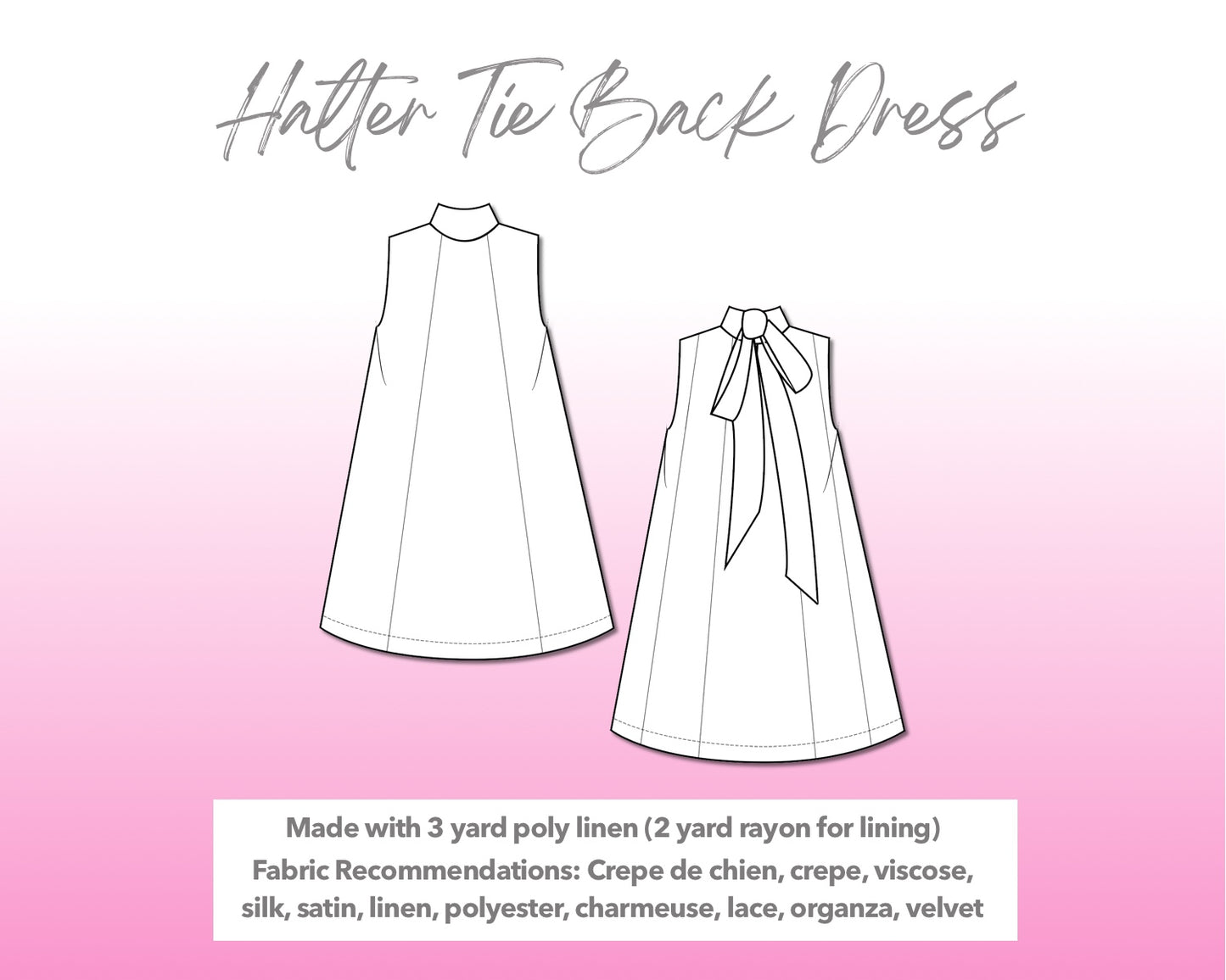 Illustration and detailed description for Halter Tie Back Dress sewing pattern.