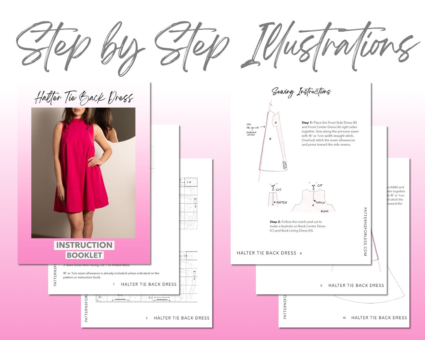 Halter Tie Back Dress sewing pattern step by step illustrations.