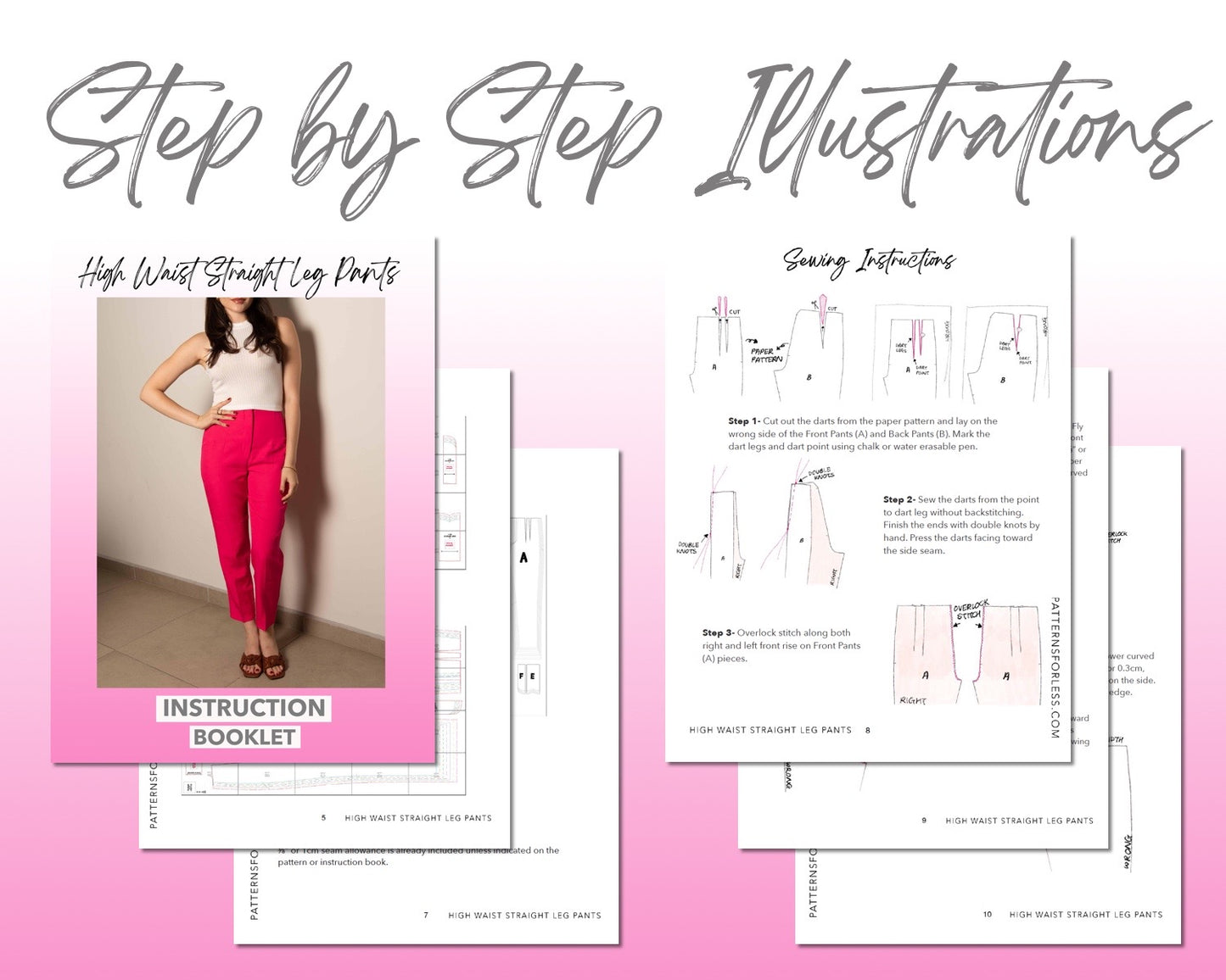High Waist Straight Leg Pants sewing pattern step by step illustrations.