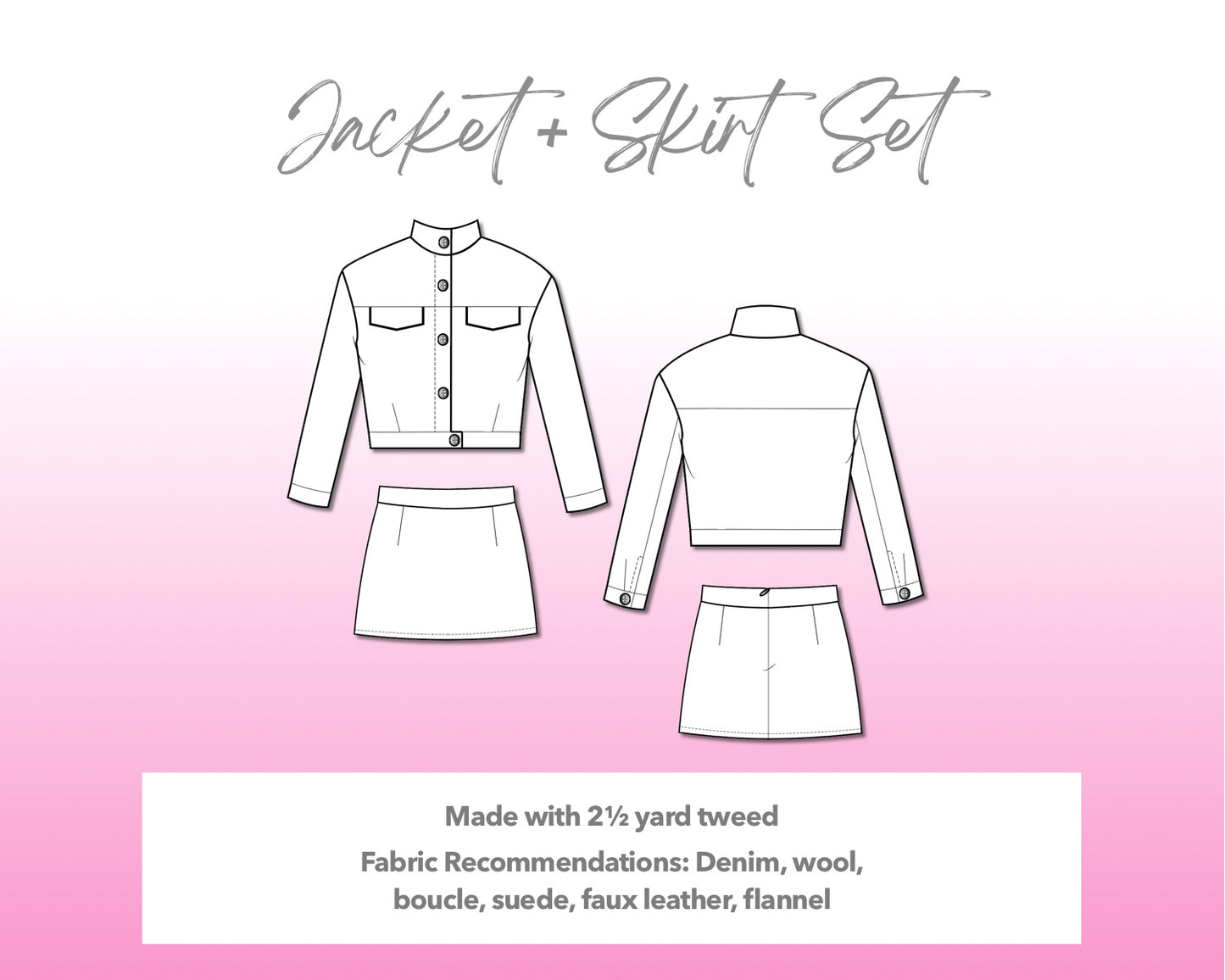 Illustration and detailed description for Jacket and Skirt Set sewing pattern.