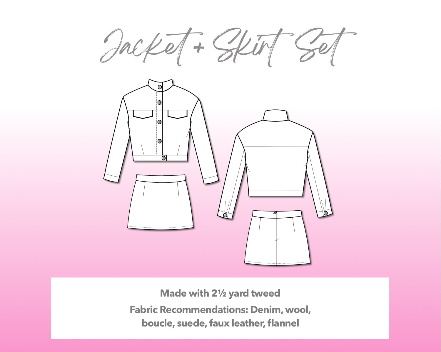 Illustration and detailed description for Jacket and Skirt Set sewing pattern.