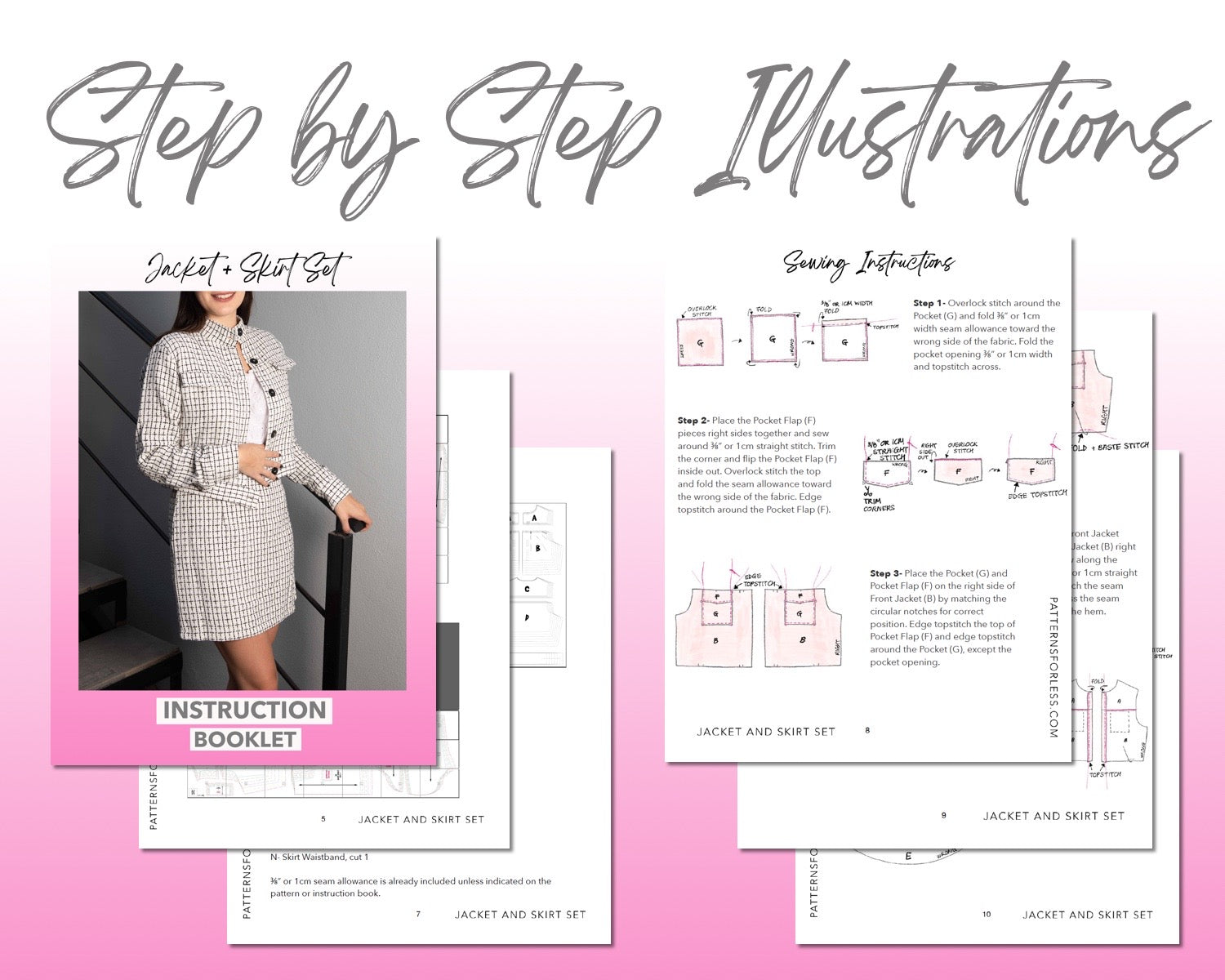 Jacket and Skirt Set sewing pattern step by step illustrations.