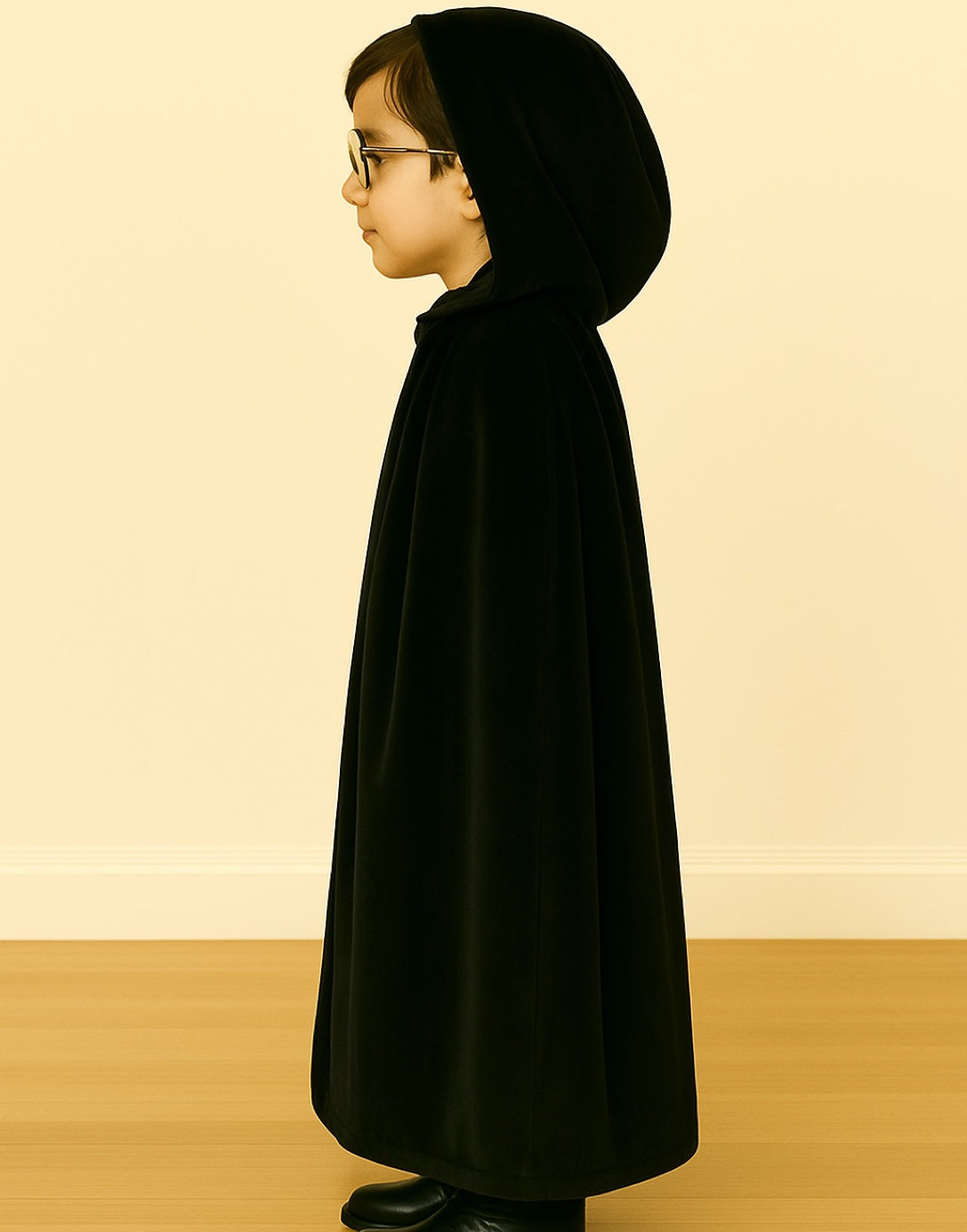Side view of child wearing a black hooded Kids Wizard Cape on a beige background
