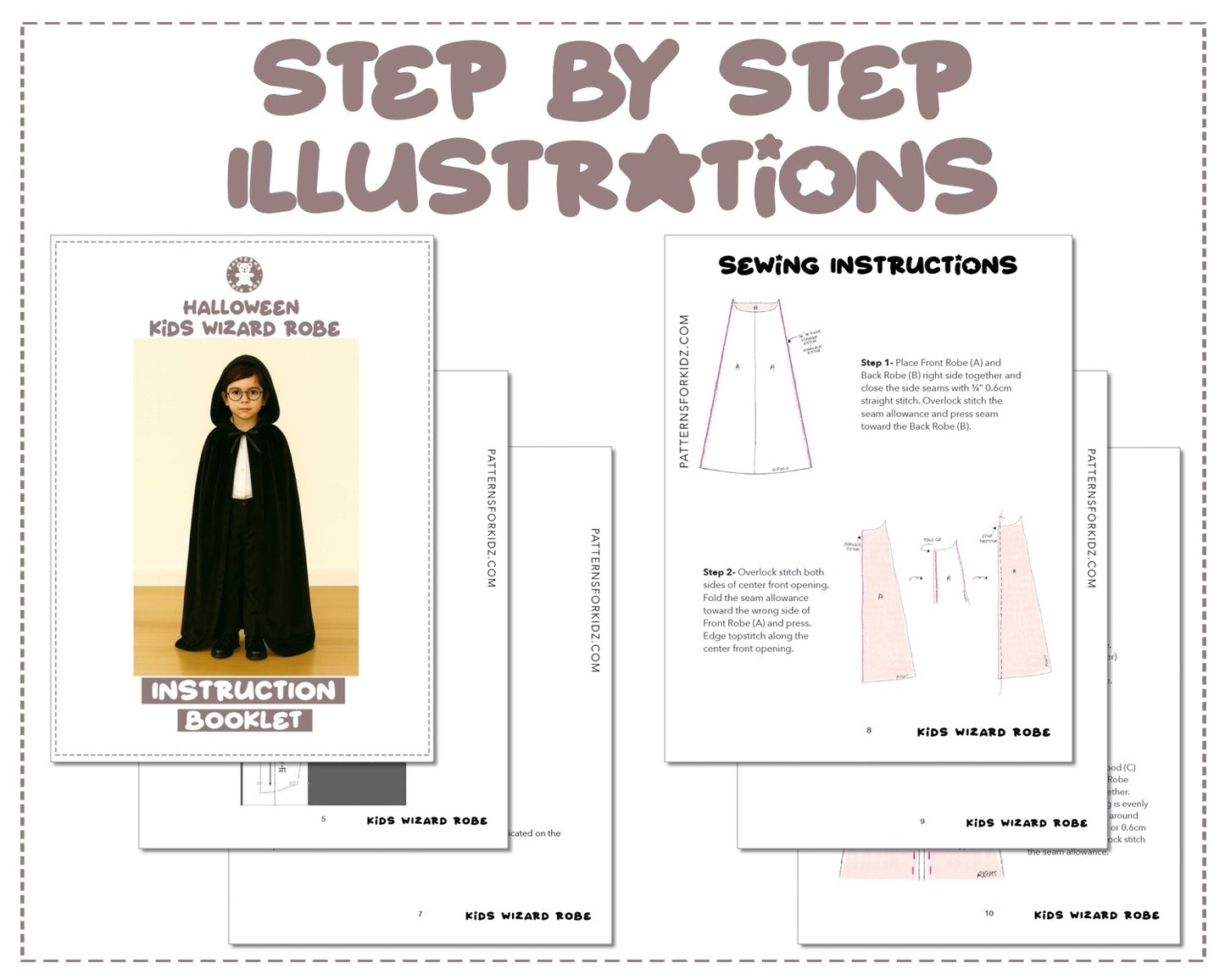 Kids Wizard Robe sewing pattern instruction booklet showing step by step illustrations to make the garment.