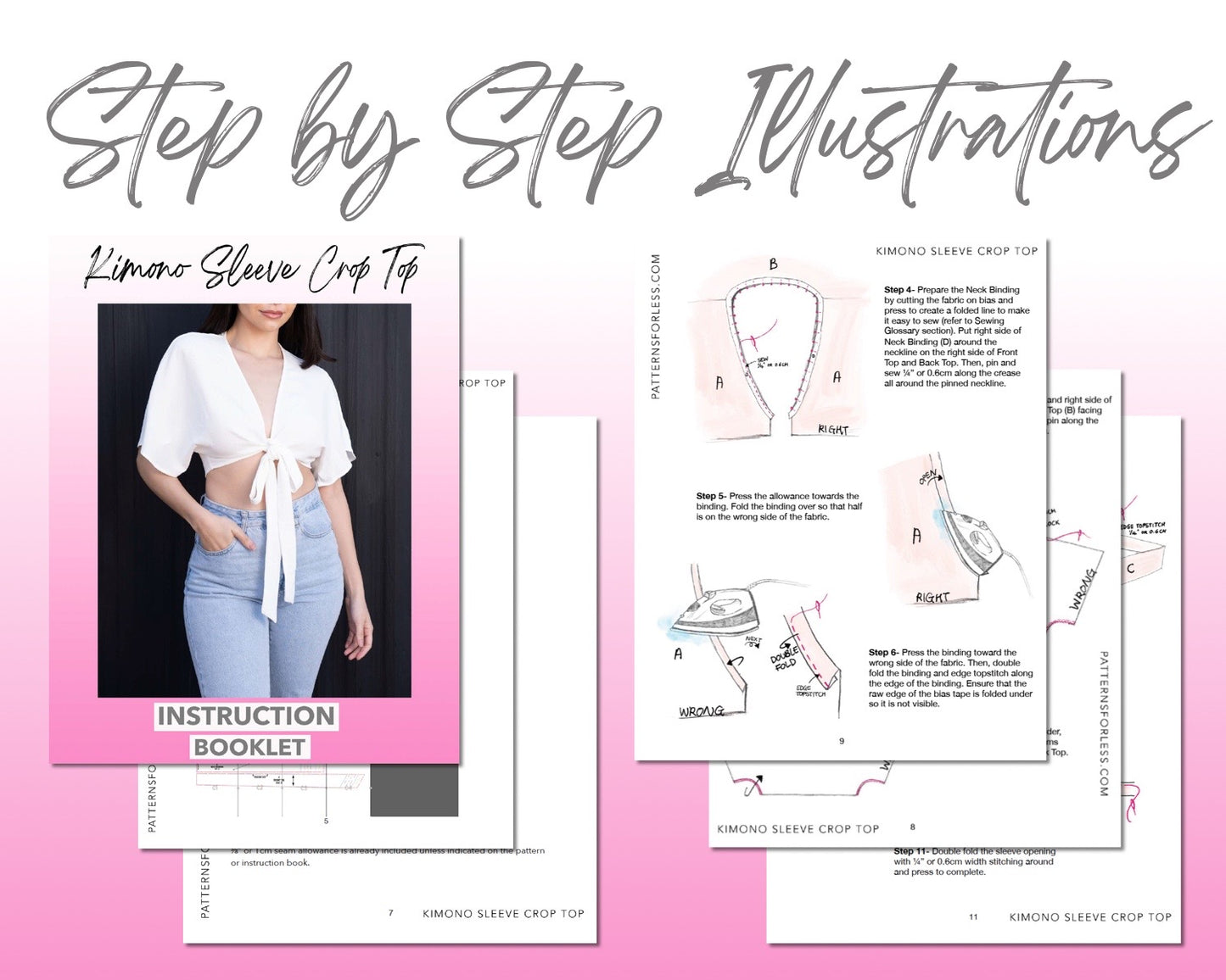 Kimono Sleeve Front Tie Crop Top sewing pattern step by step illustrations.
