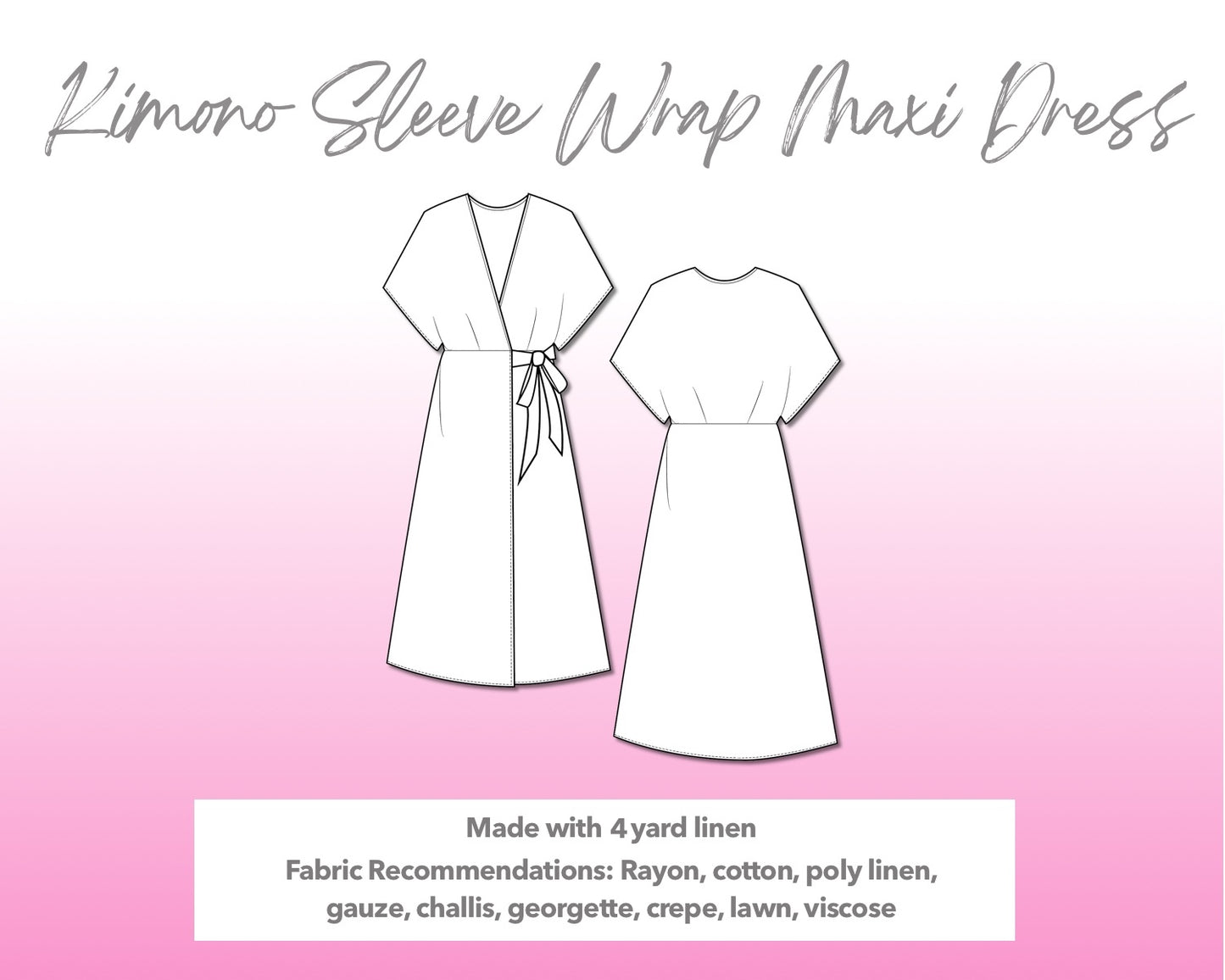 Illustration and detailed description for Kimono Sleeve Wrap Maxi Dress sewing pattern.