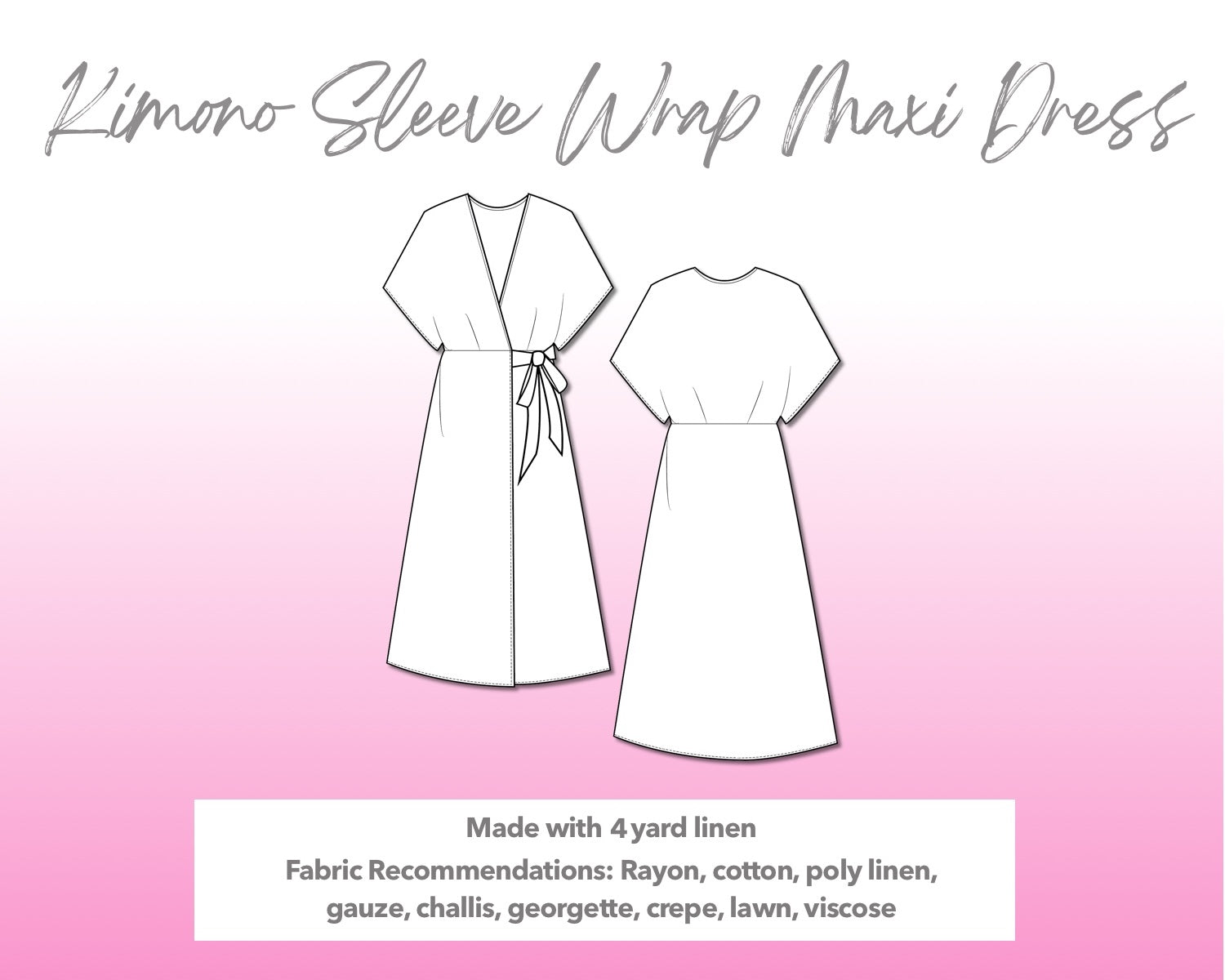 Illustration and detailed description for Kimono Sleeve Wrap Maxi Dress sewing pattern.