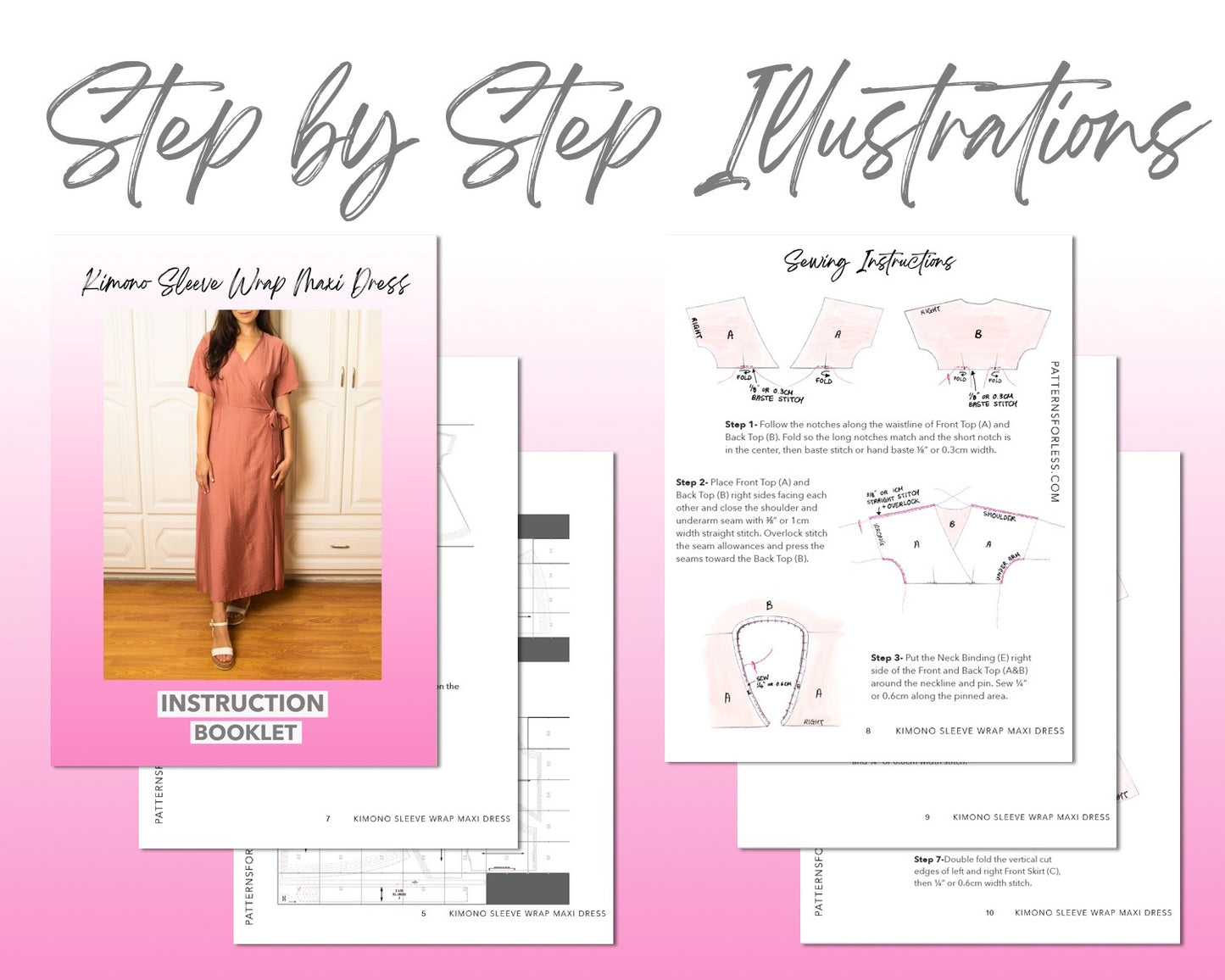 Kimono Sleeve Wrap Maxi Dress sewing pattern step by step illustrations.