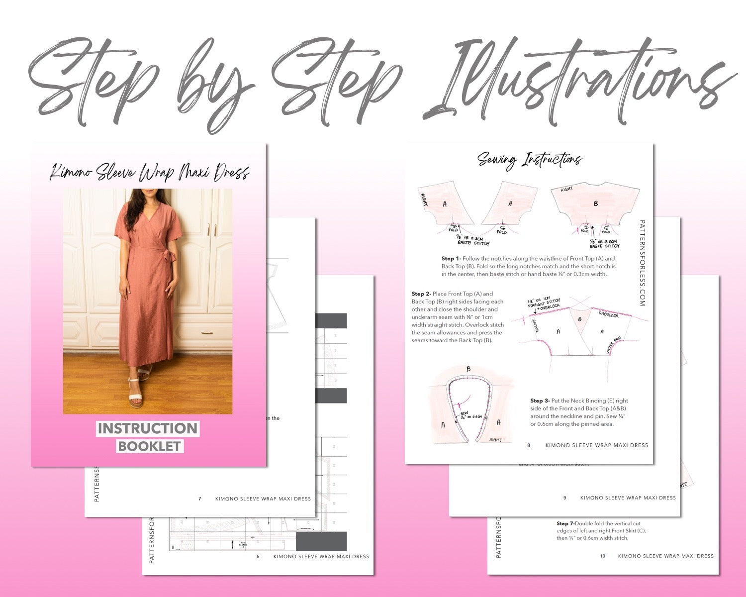 Kimono Sleeve Wrap Maxi Dress sewing pattern step by step illustrations.