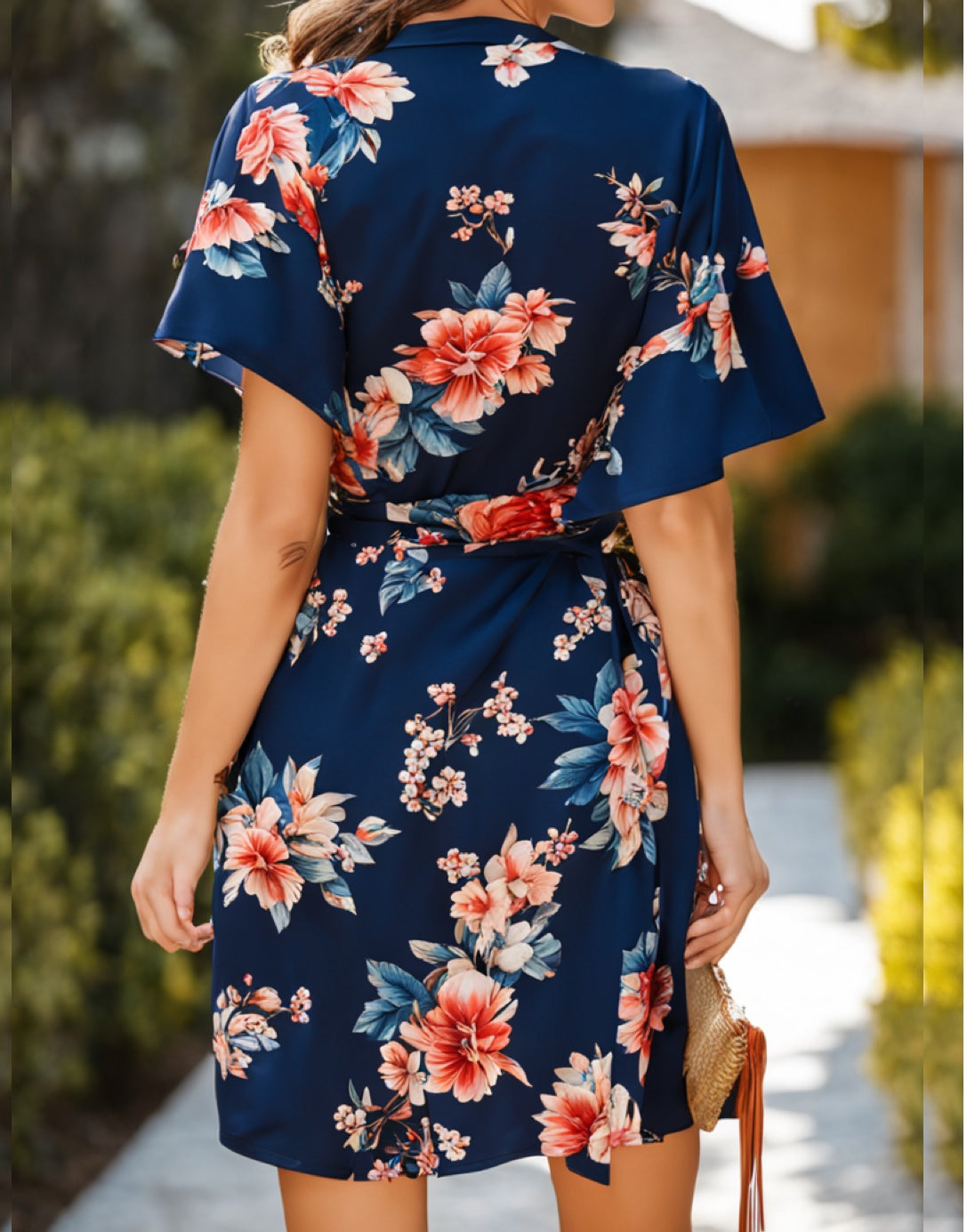 Back view of Kimono Sleeve Wrap Mini Dress.