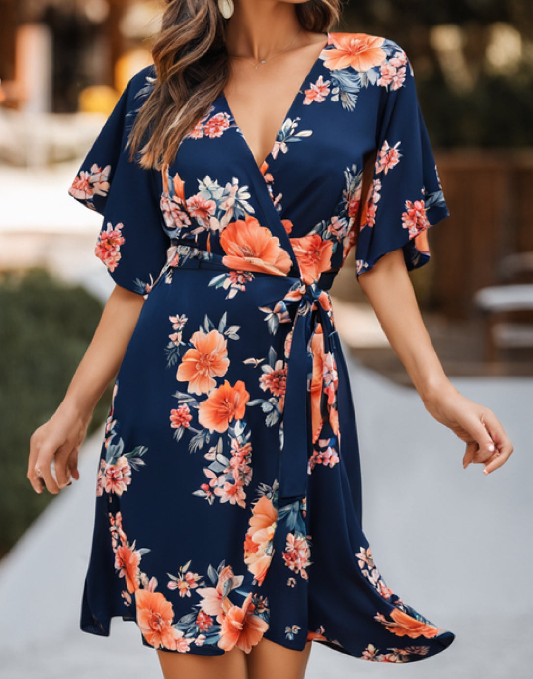 Front view of Kimono Sleeve Wrap Mini Dress.