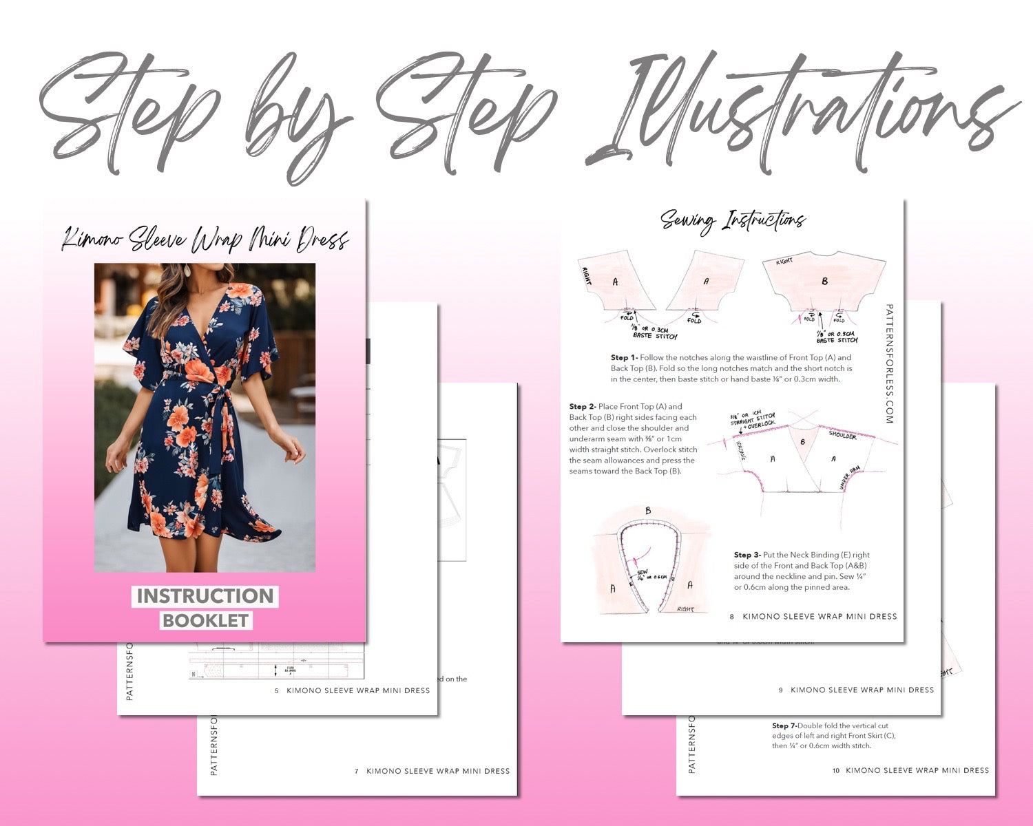 Kimono Sleeve Wrap Mini Dress sewing pattern step by step illustrations.