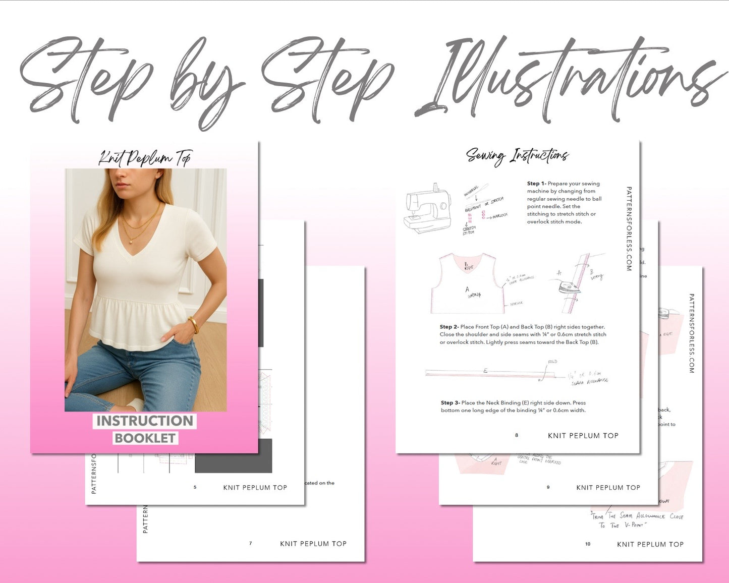 Knit Peplum Top sewing pattern instruction booklet showing step by step illustrations to make the garment.