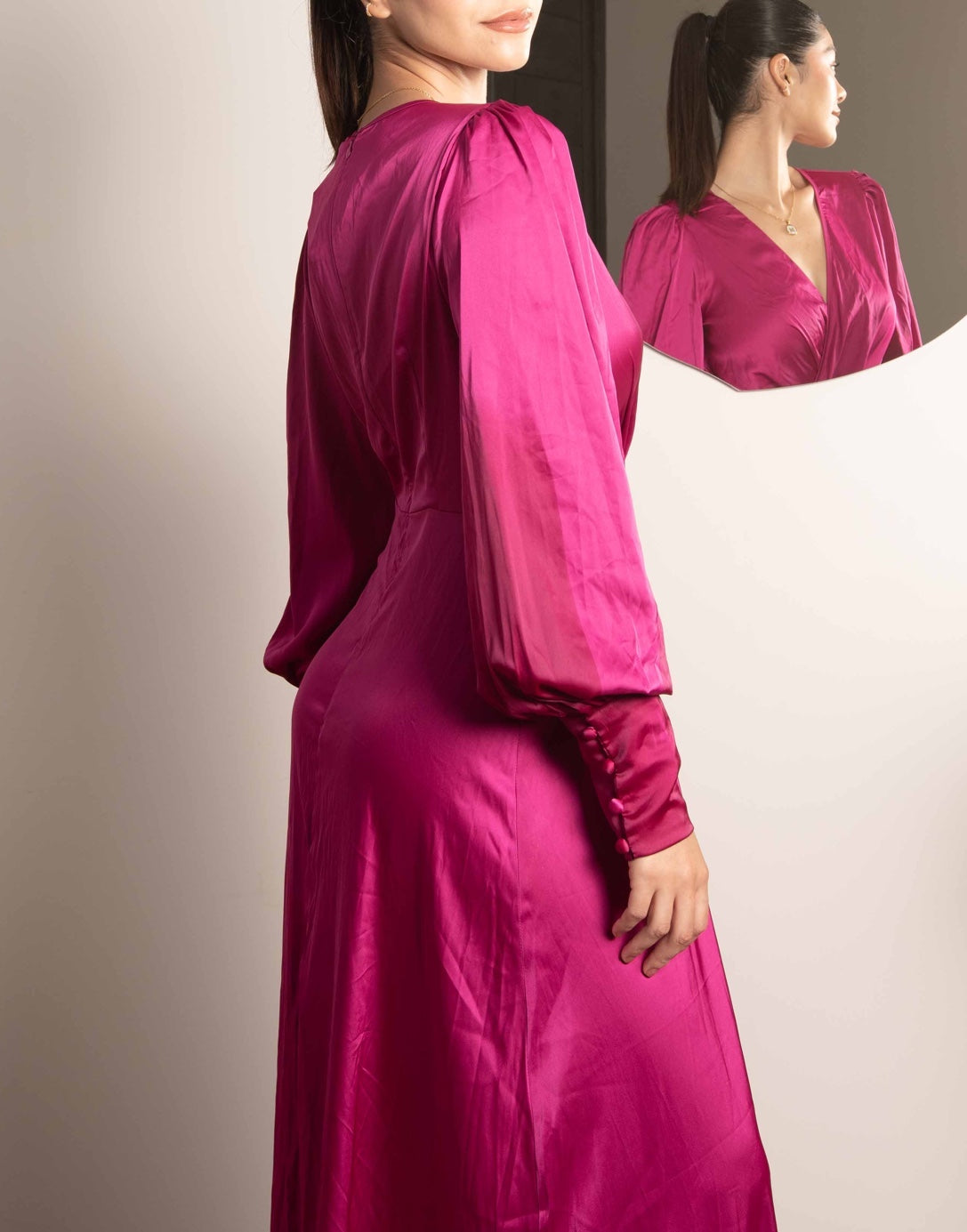Back view of Lantern Sleeve Wrap Maxi Dress.