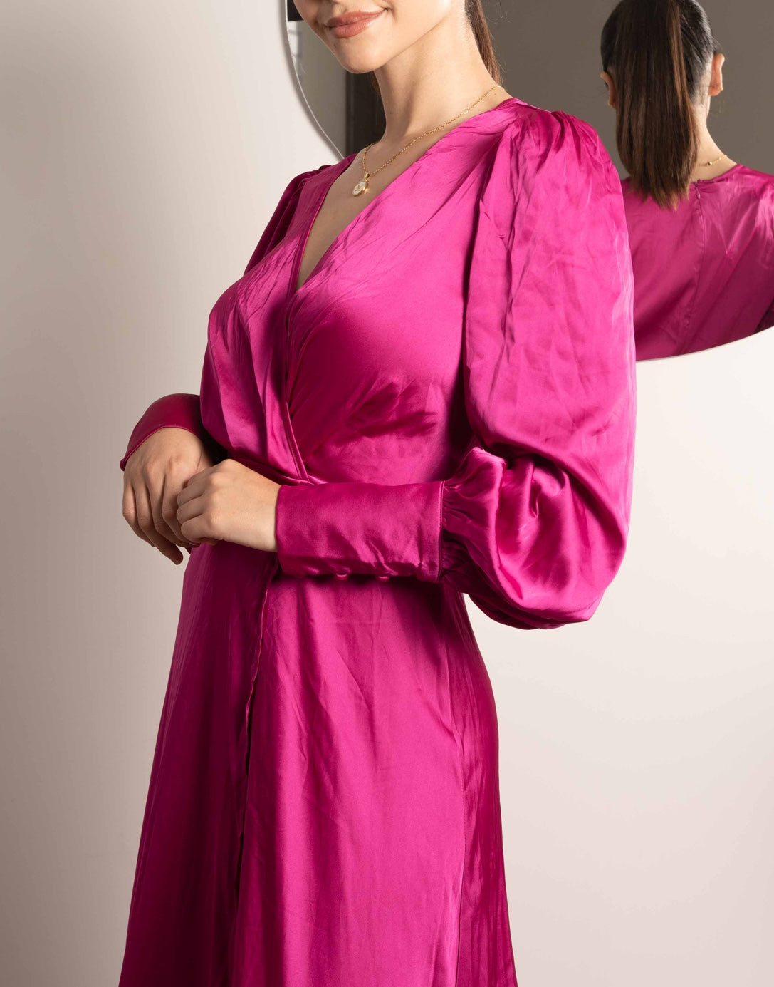 Side view of Lantern Sleeve Wrap Maxi Dress.