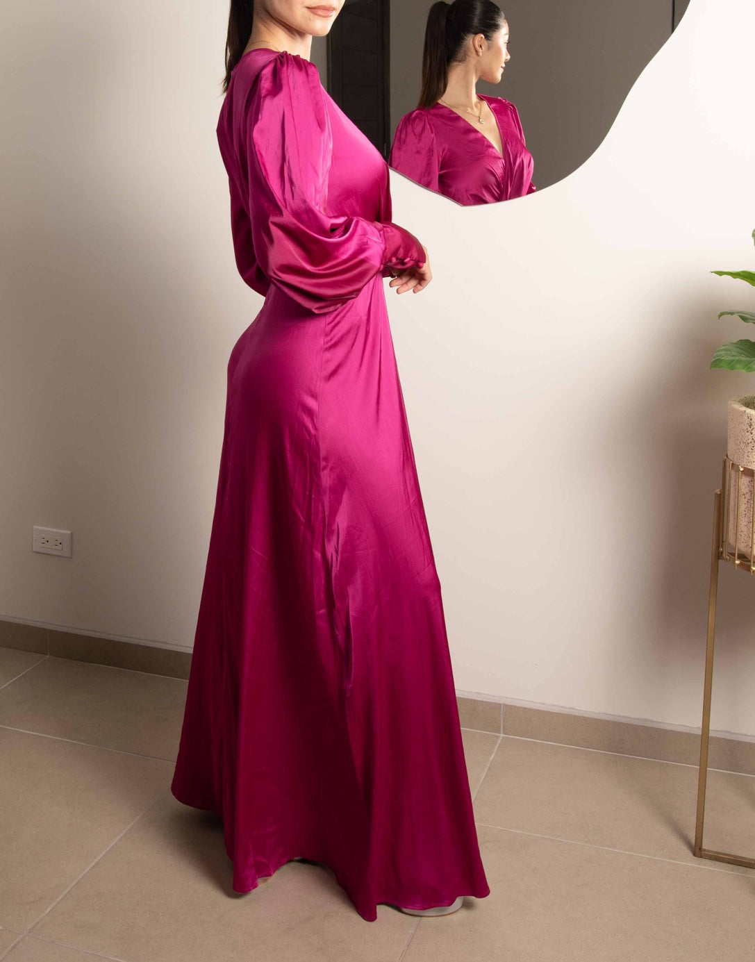 Side view of Lantern Sleeve Wrap Maxi Dress.