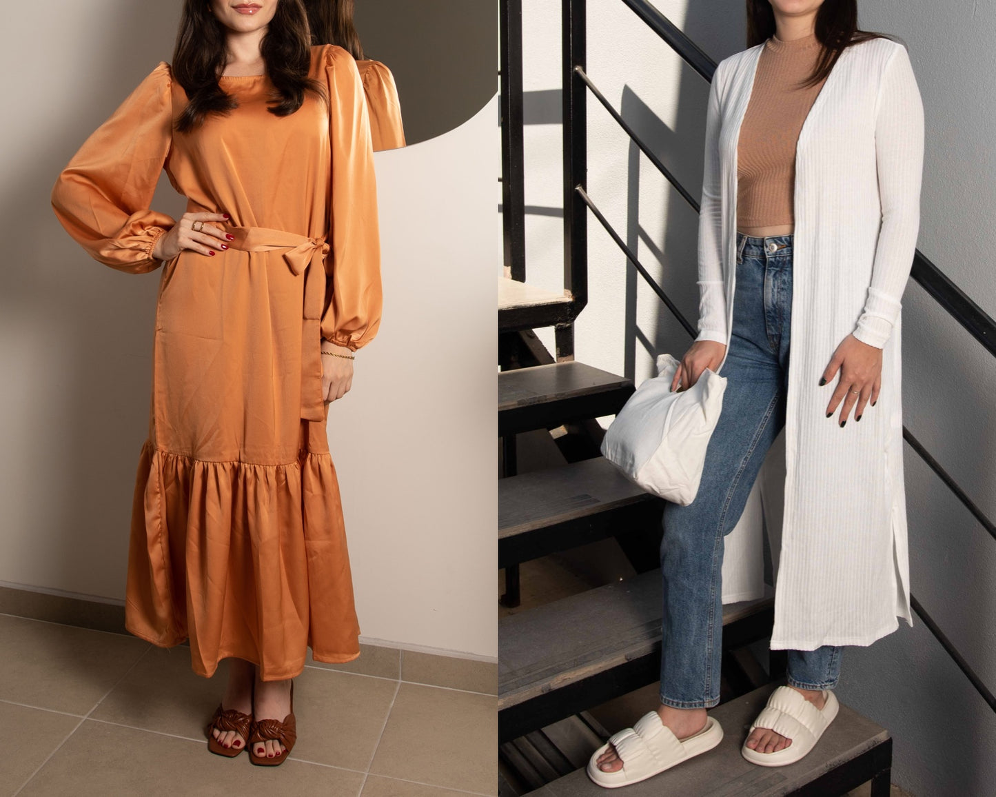 Front view of lantern sleeve maxi dress and long cardigan