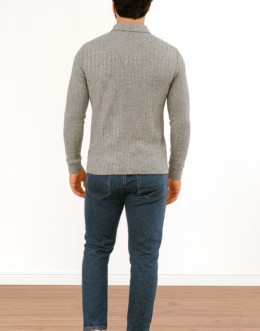 Back view of person wearing a gray Long Sleeve Polo Shirt and blue jeans on a white background