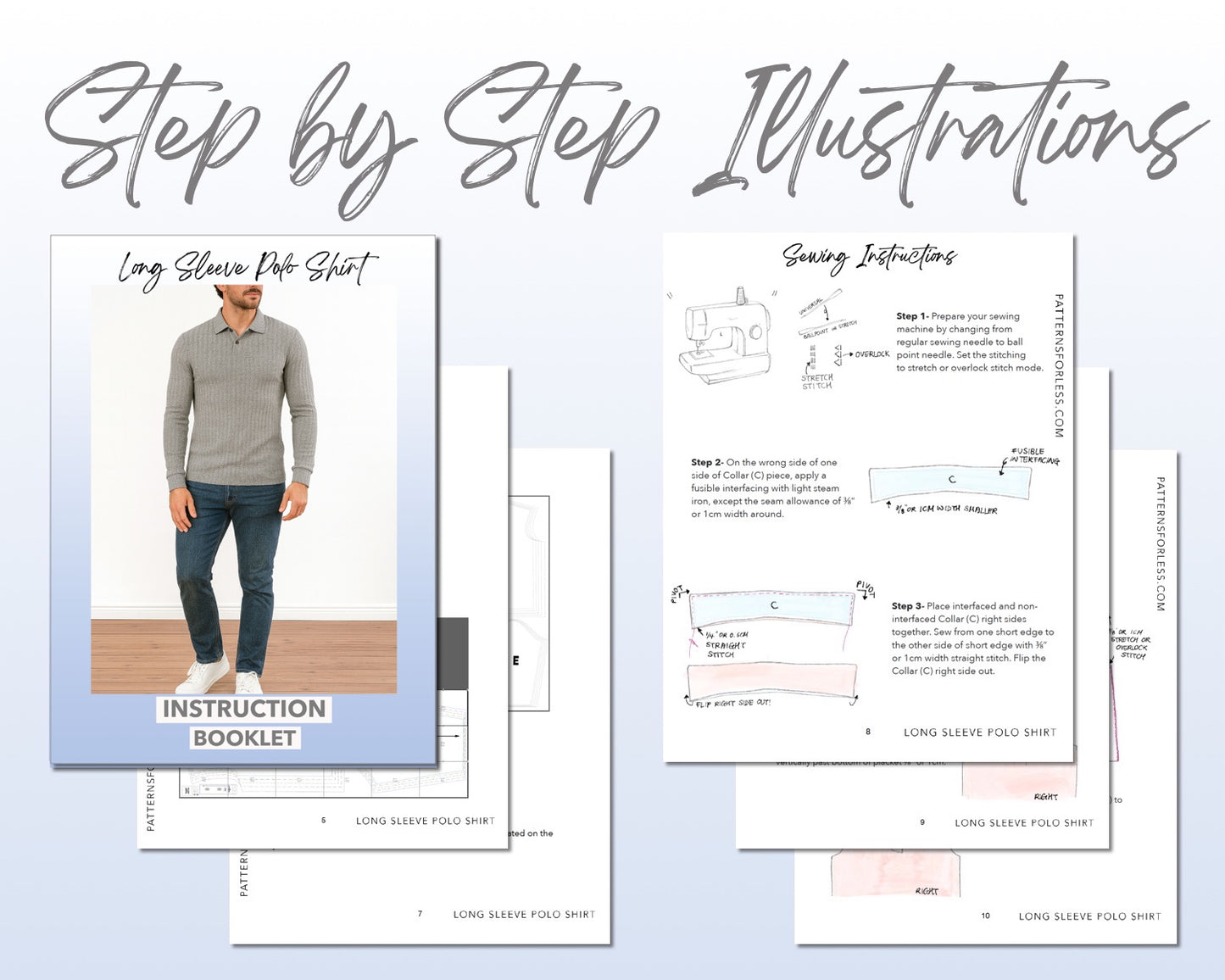 Long Sleeve Polo Shirt sewing pattern instruction booklet showing step by step illustrations to make the garment.