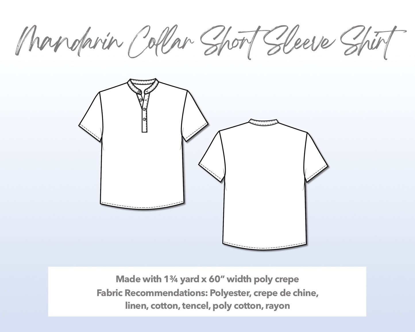 Illustration and detailed description for Mandarin Collar Short Sleeve Shirt sewing pattern.