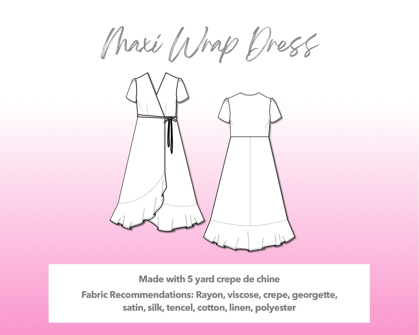 Illustration and detailed description for Maxi Wrap Dress sewing pattern.