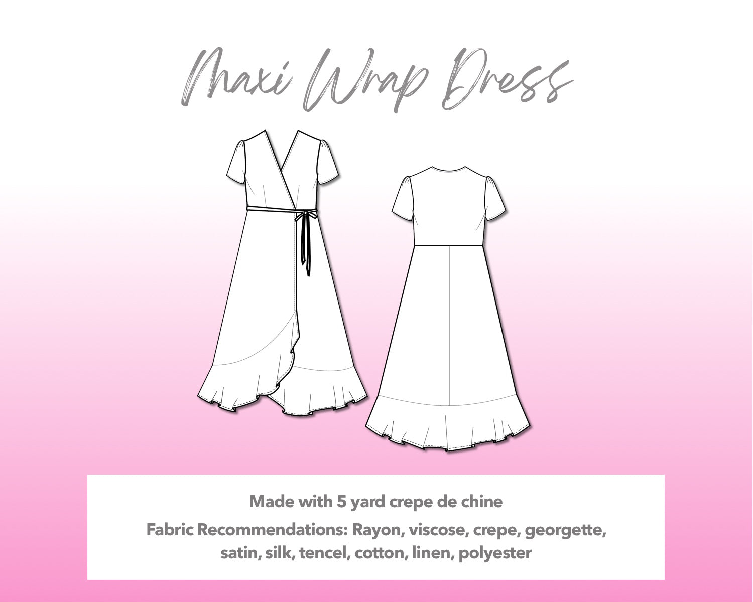Illustration and detailed description for Maxi Wrap Dress sewing pattern.