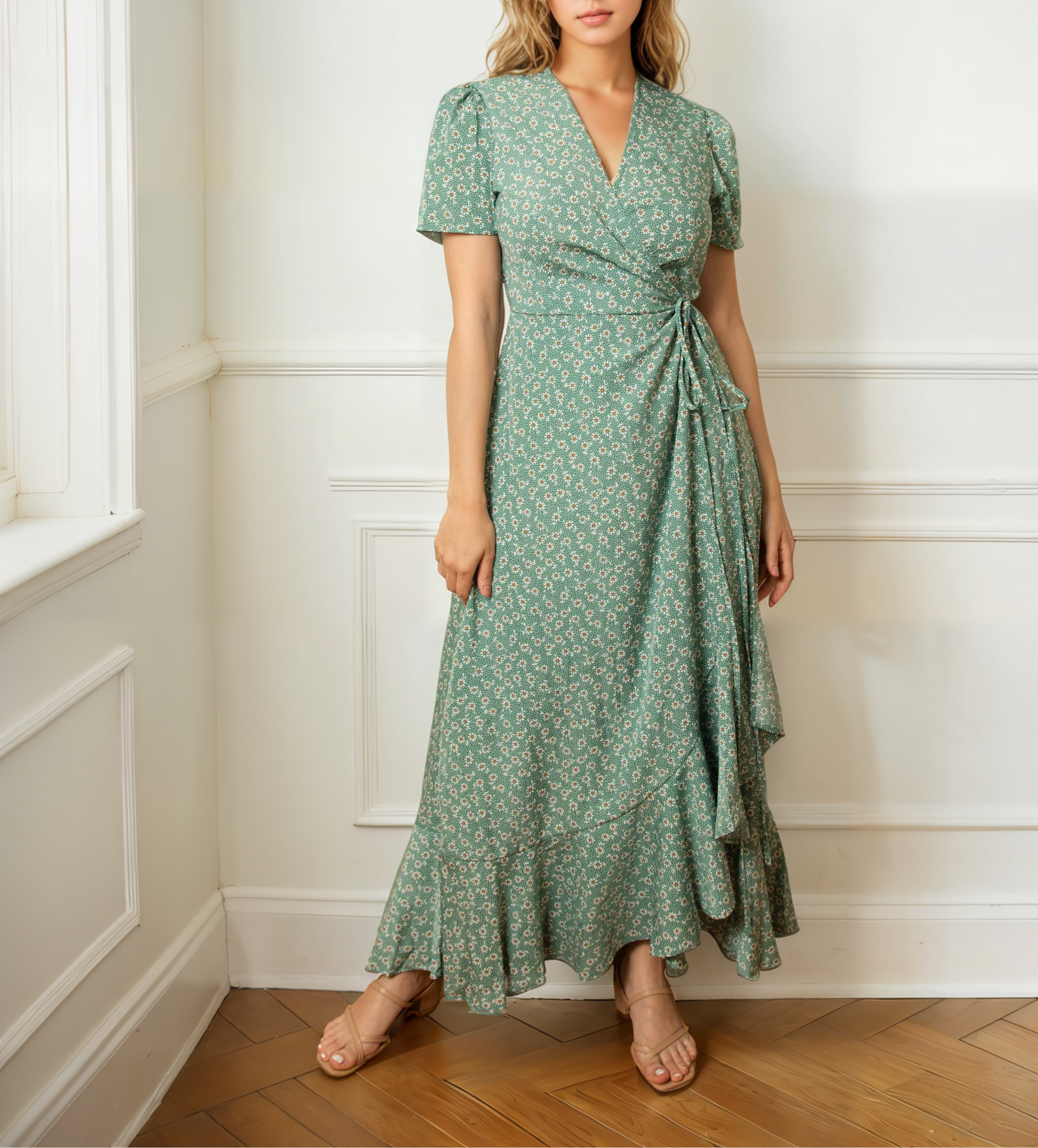 Front view of Maxi Wrap Dress.