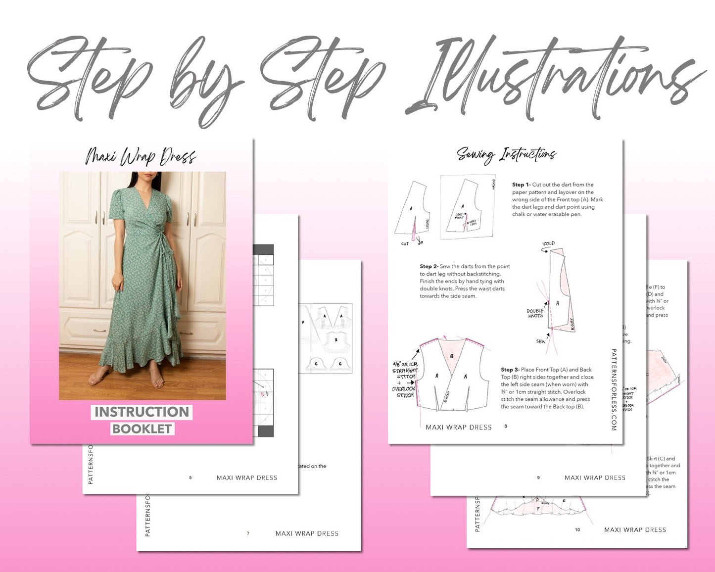 Maxi Wrap Dress sewing pattern step by step illustrations.