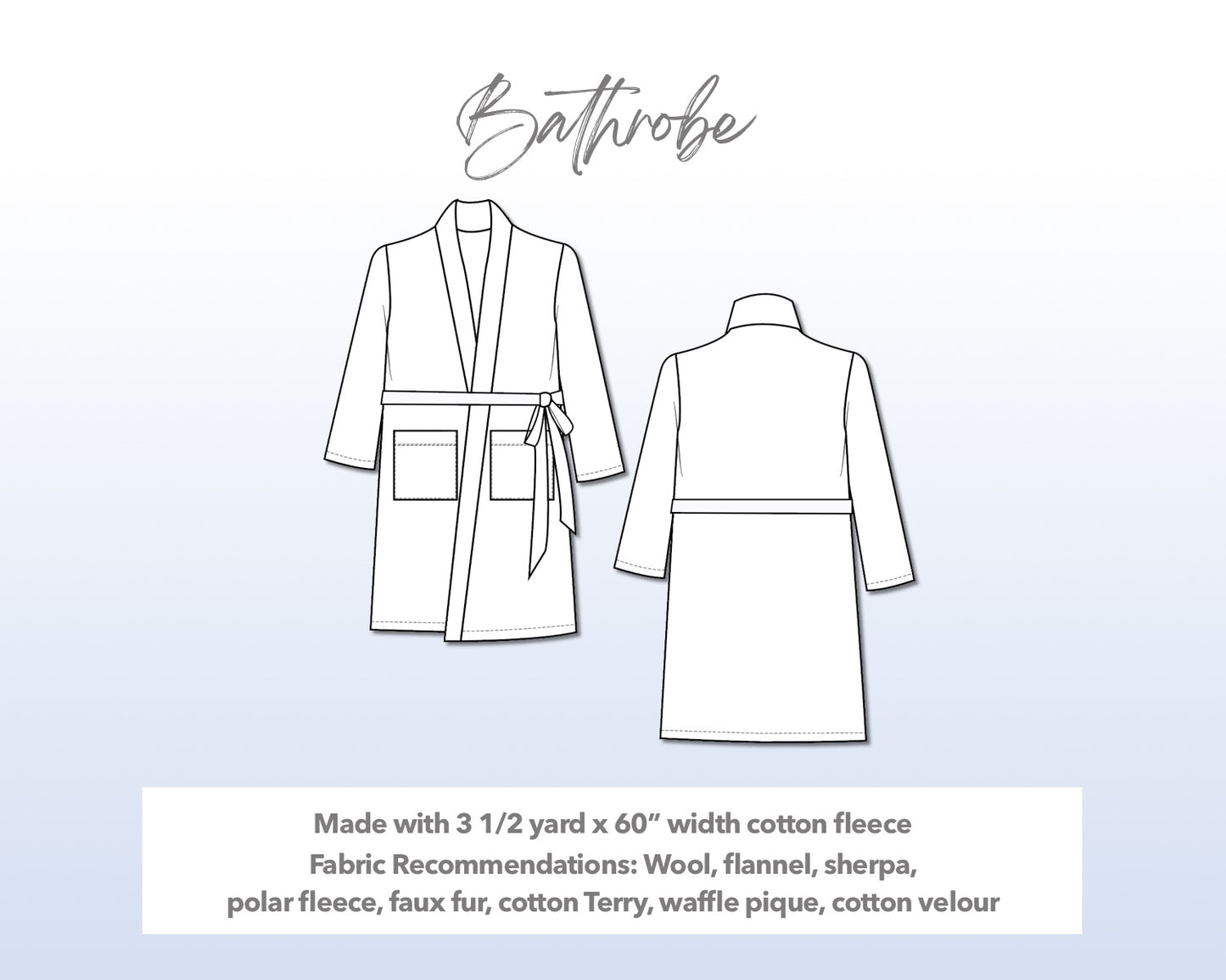Illustration and detailed description for Mens Bathrobe sewing pattern.