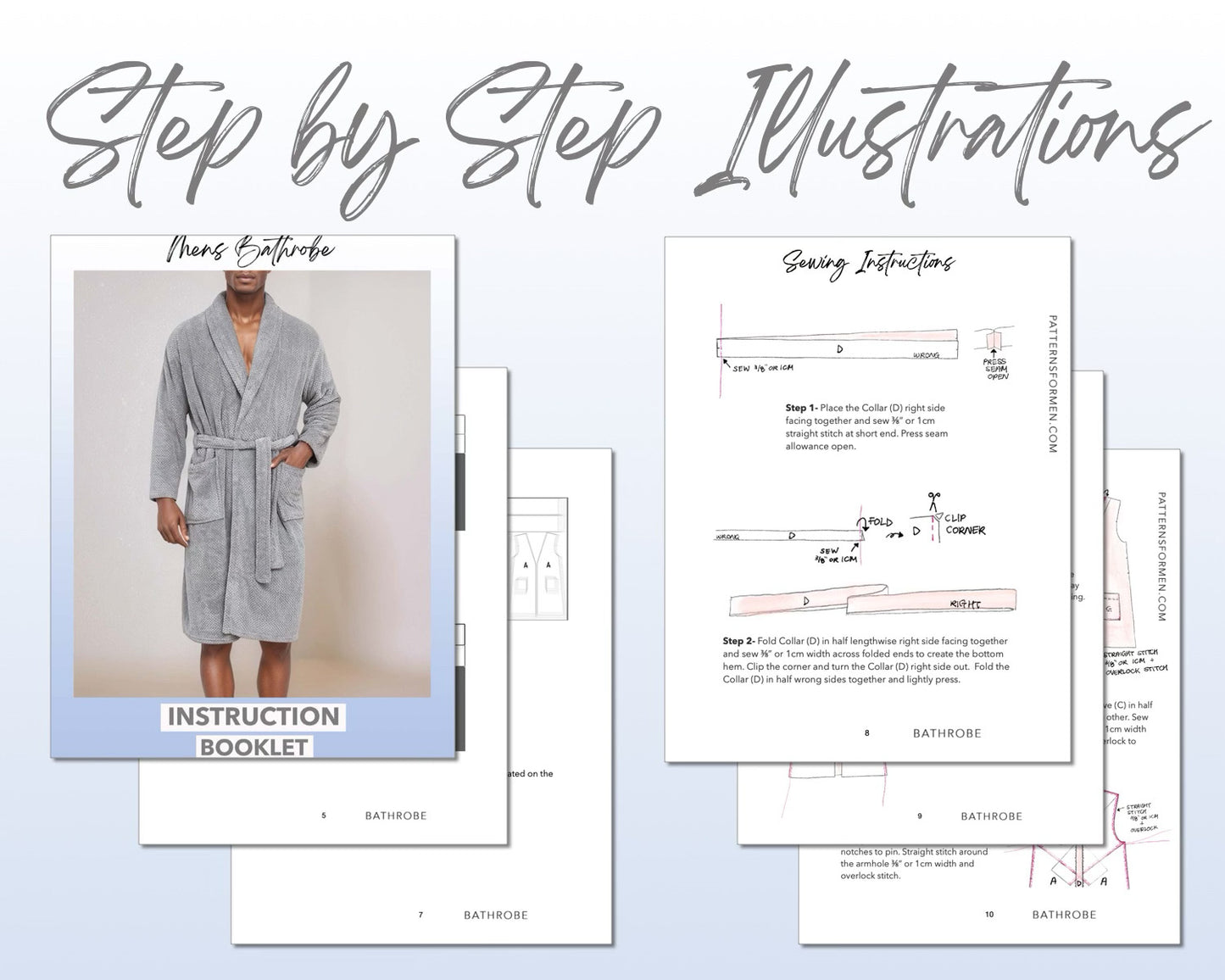 Mens Bathrobe sewing pattern step by step illustrations.