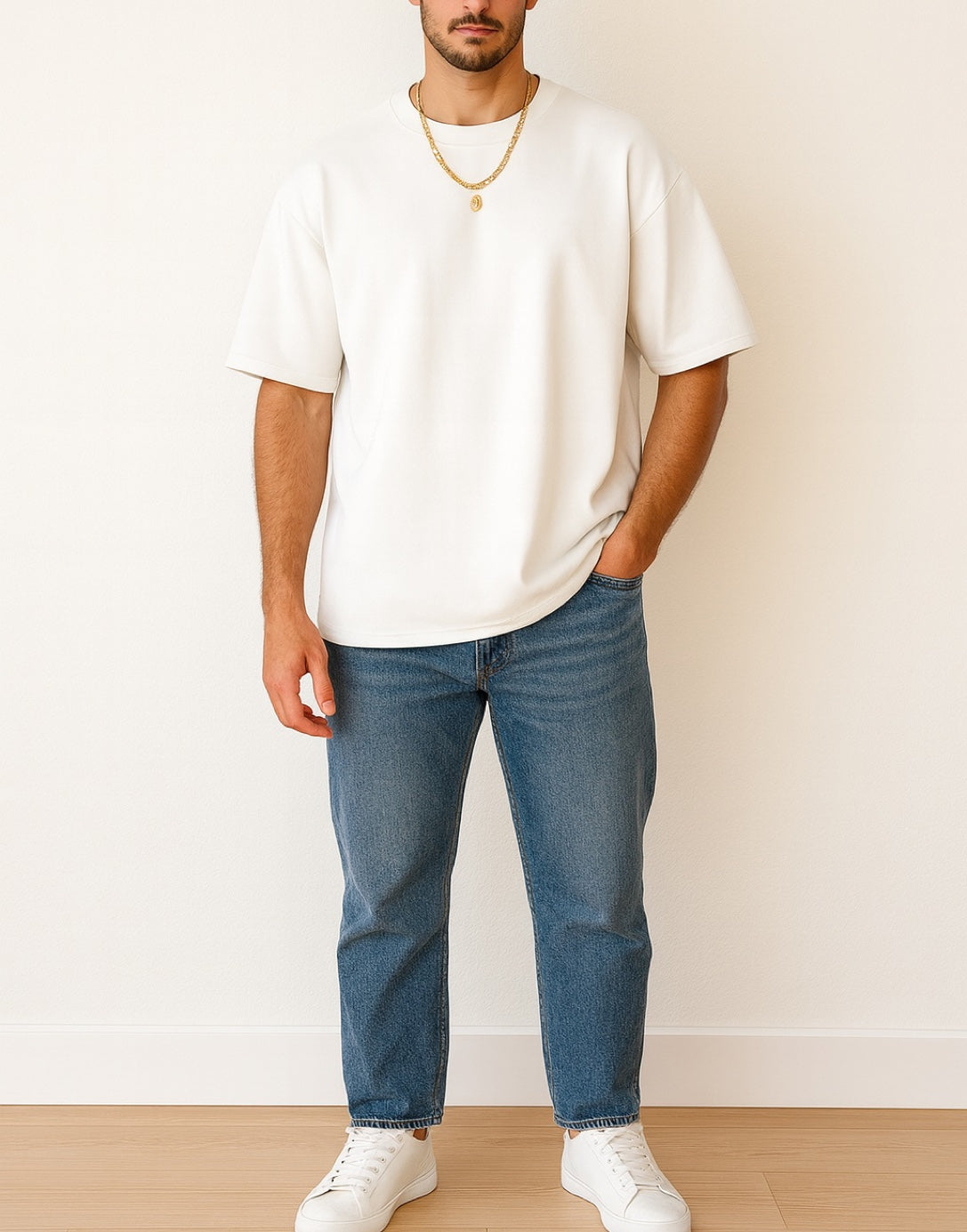 Person wearing a white Oversized Longline Tee and blue jeans against a plain background