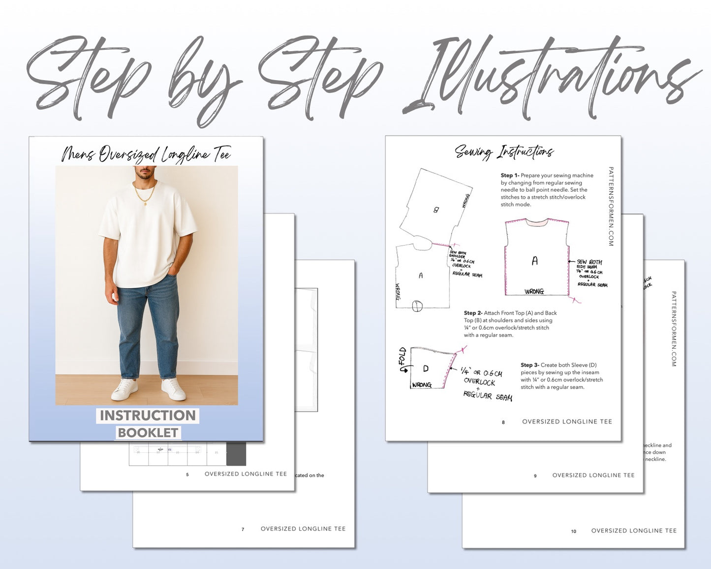 Oversized Longline Tee sewing pattern instruction booklet showing step by step illustrations to make the garment