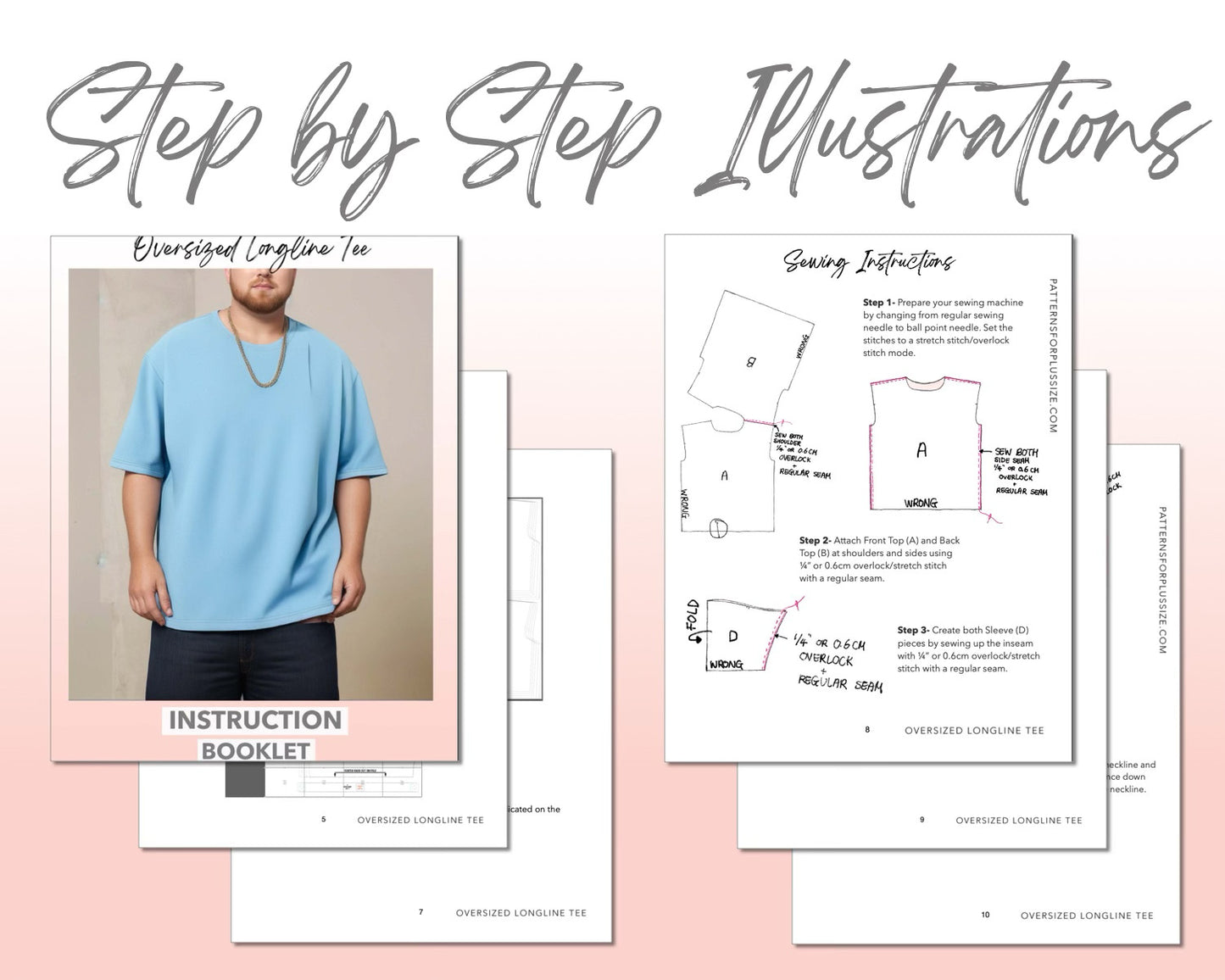 Plus Size Men Oversized Longline Tee sewing pattern step by step illustrations.