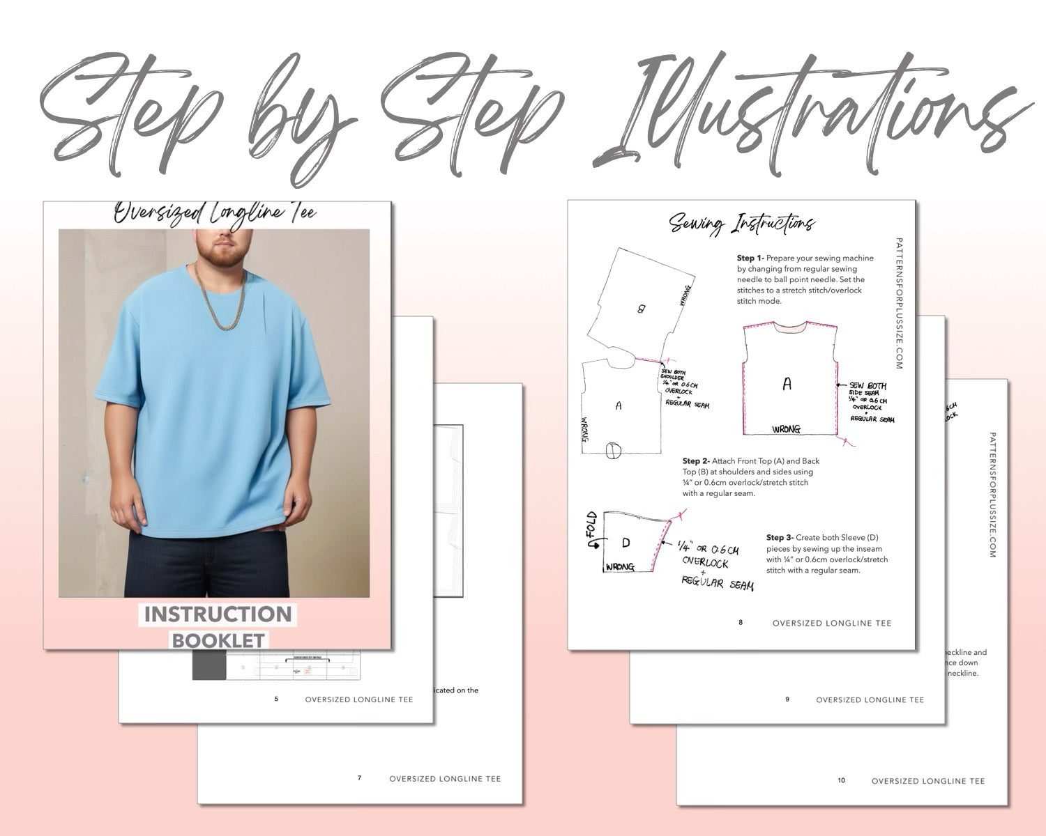 Plus Size Men Oversized Longline Tee sewing pattern step by step illustrations.