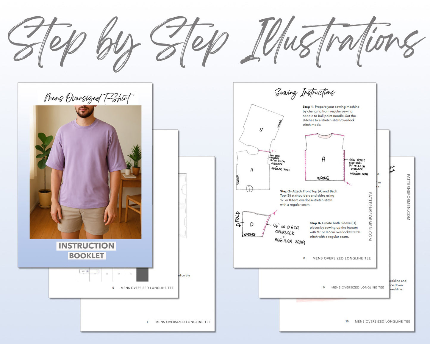 Mens Oversized T-Shirt sewing pattern step by step illustrations.