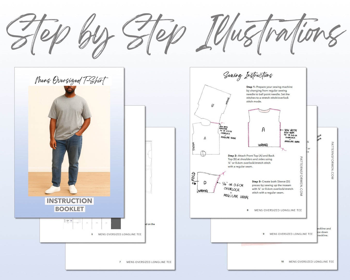 Mens Oversized T-Shirt sewing pattern instruction booklet showing step by step illustrations to make the garment.
